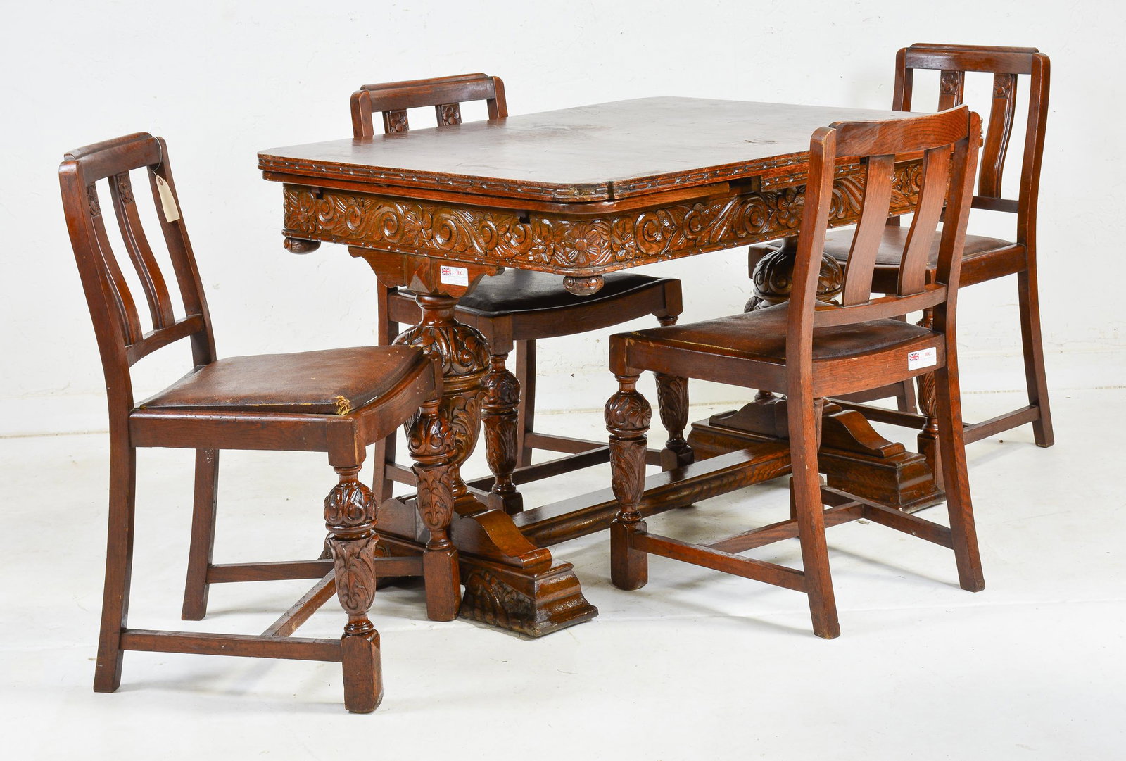 British Carved Oak Draw Leaf Table & 4 Chairs (1 of 6)