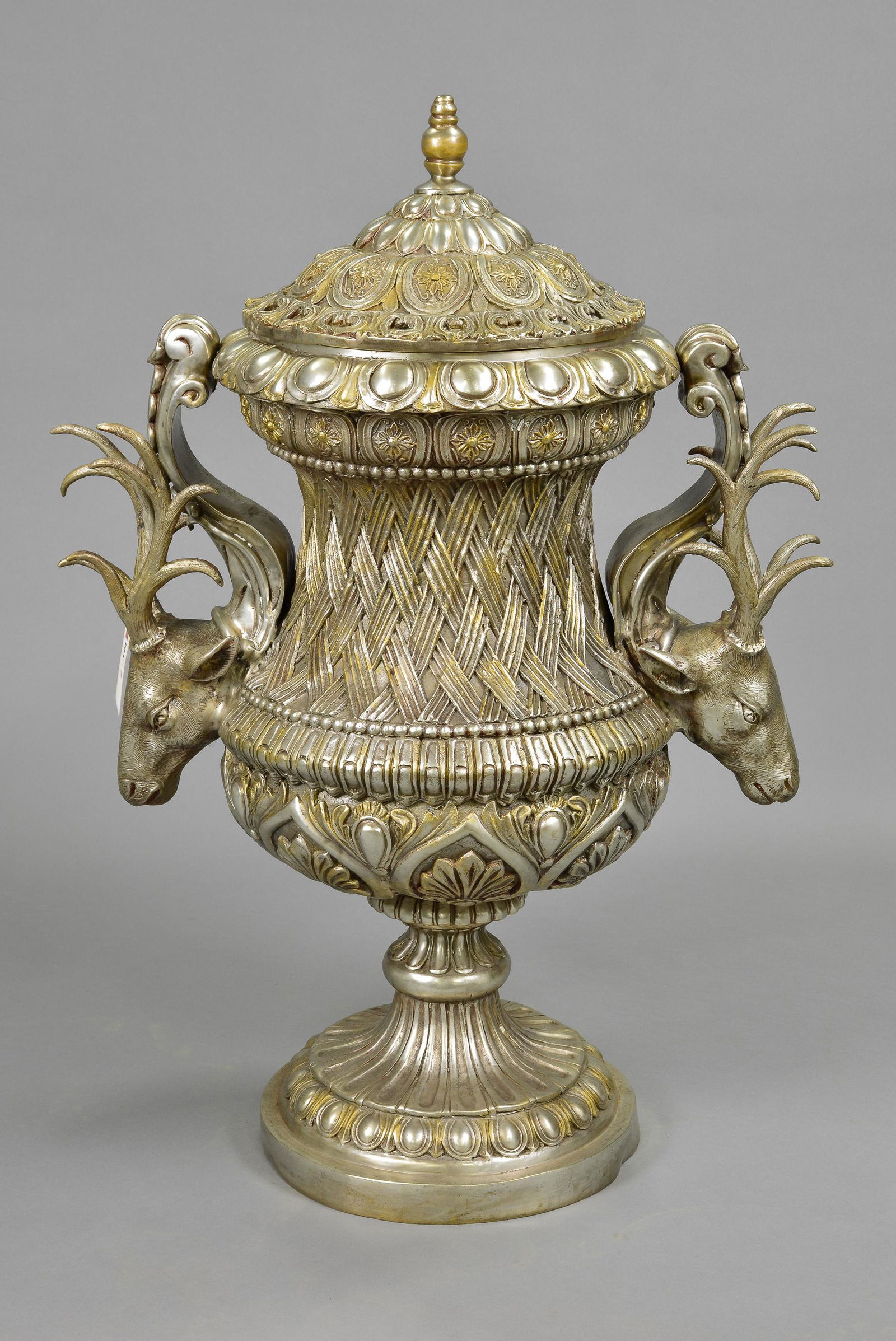 Large Bronze Stag Head Urn With Coined Silver Overlay (1 of 5)