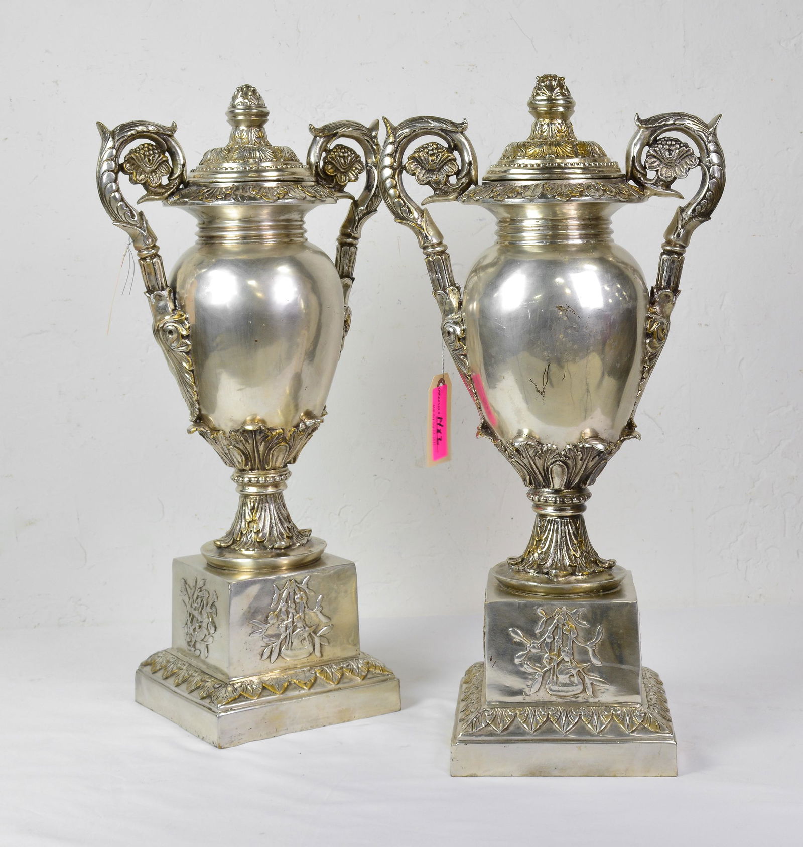 Pair Bronze Urns With Coined Silver Overlay (1 of 5)