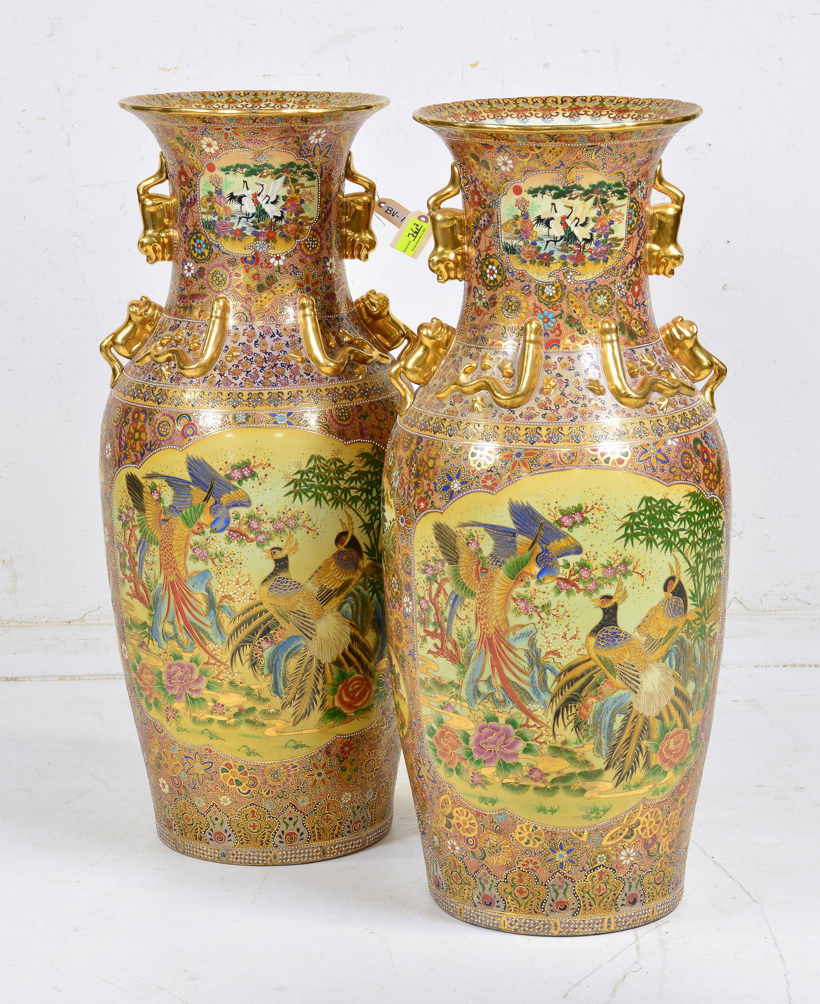 Pair Monumental Satsuma Style Oriental Porcelain Vases (1 of 6)
