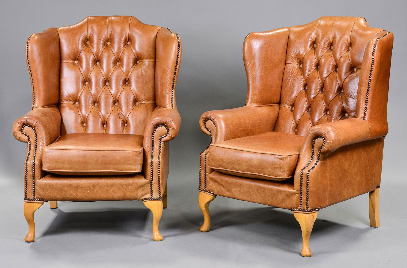 Pair Light Brown Leather Wing Back Arm Chairs (1 of 5)