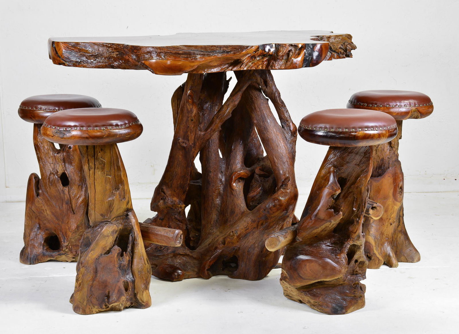 Large Inlaid Teak Root Table & 4 Leather Top Stools (1 of 5)