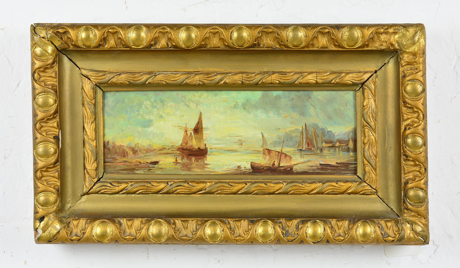 Gold Gilt Framed 19th Century Oil on Board Harbor Scene: 19th Century Oil on Board Harbor Scene in a Period Applied Gold Gilt Frame. Possibly Belgian - The art itself is 4 5/8 in tall x 12 5/8
