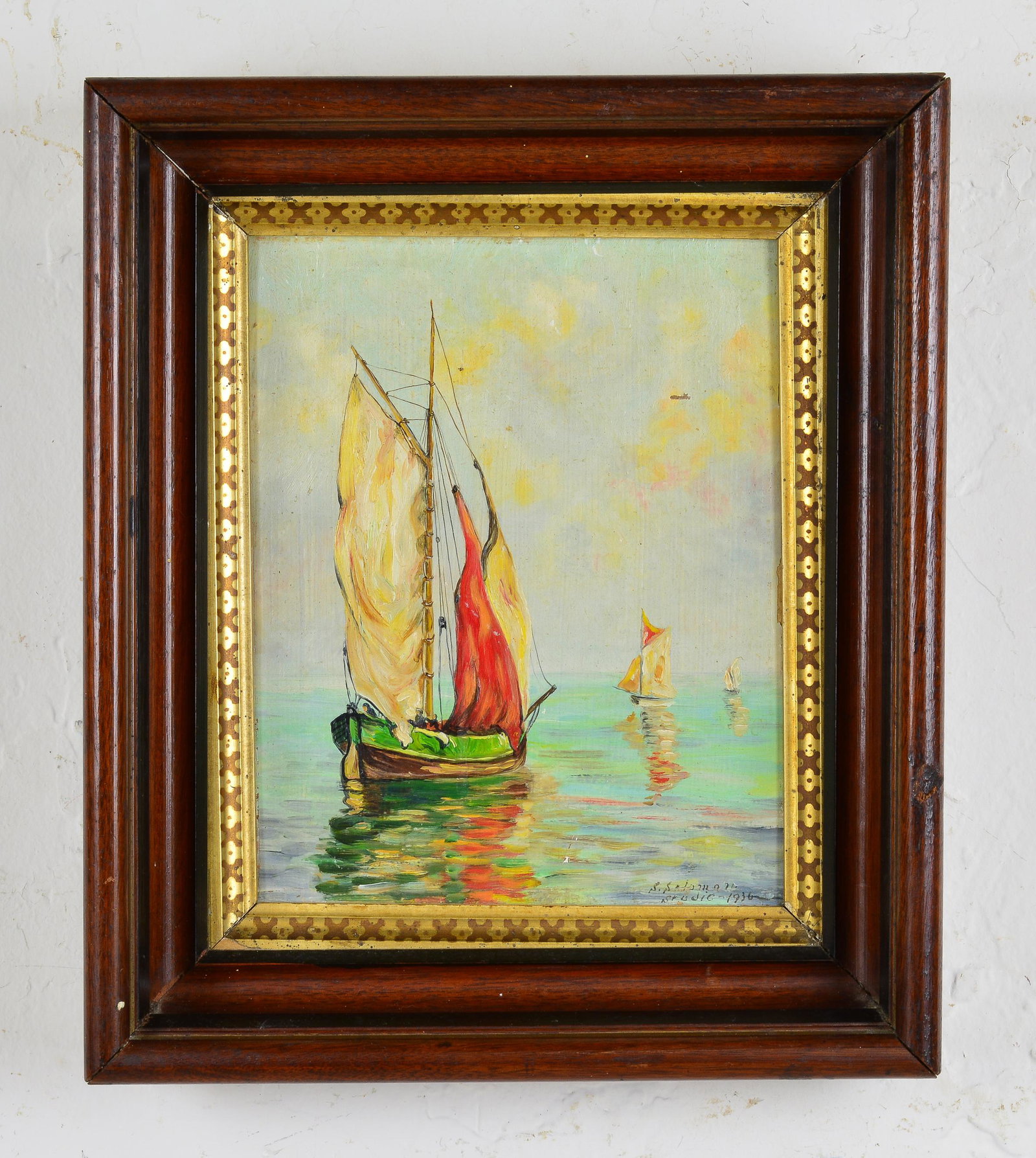 Small Framed Oil on Board - Sail Boats c.1936 (1 of 3)