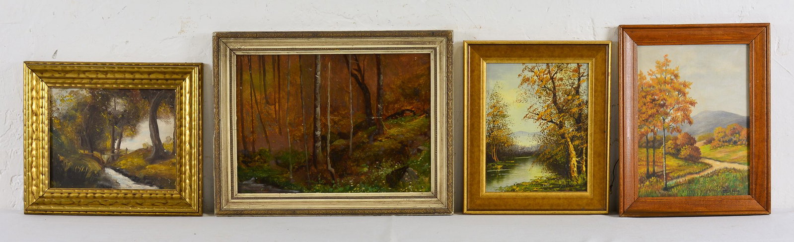 4pcs Oil on Boards / Canvas - Landscapes: 4pcs Oil on Boards / Canvas - Landscapes - One is artist signed by T. Atkinson an American artist 20th century, Autumn Landscape signed in bottom right corner 12 in tall x 9
