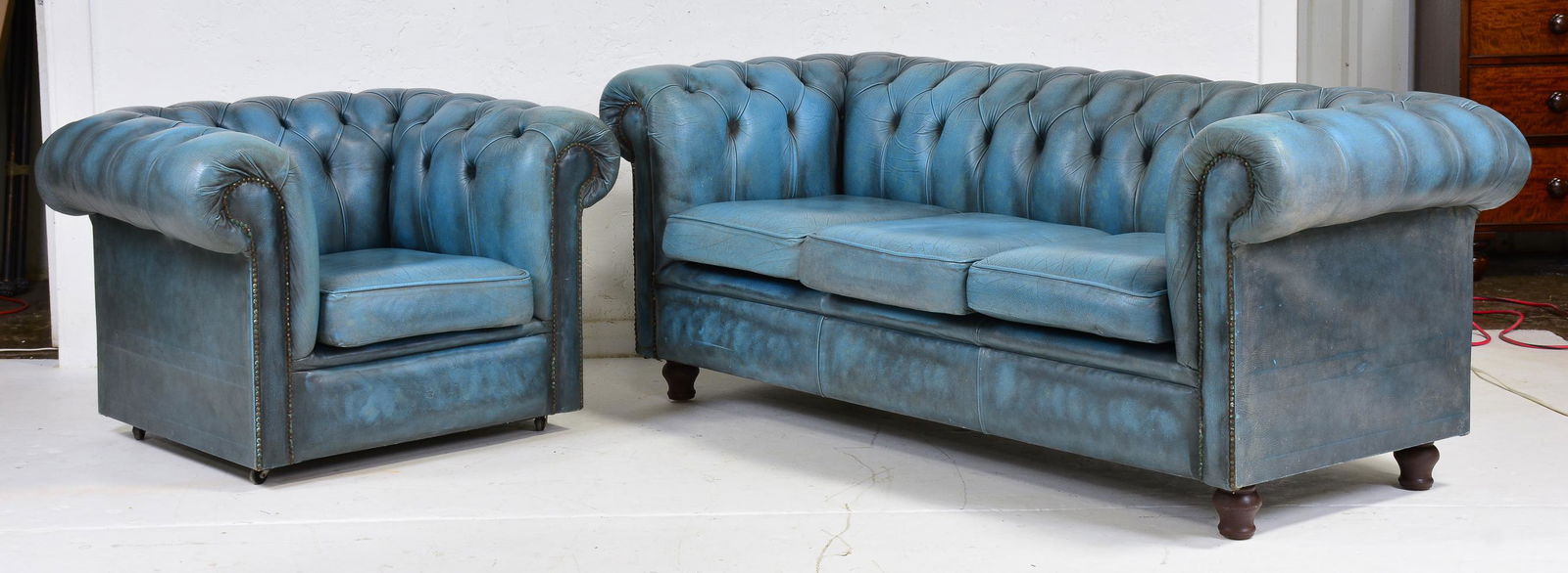 British Blue Leather Chesterfield 3 Seater & Club Chair (1 of 6)
