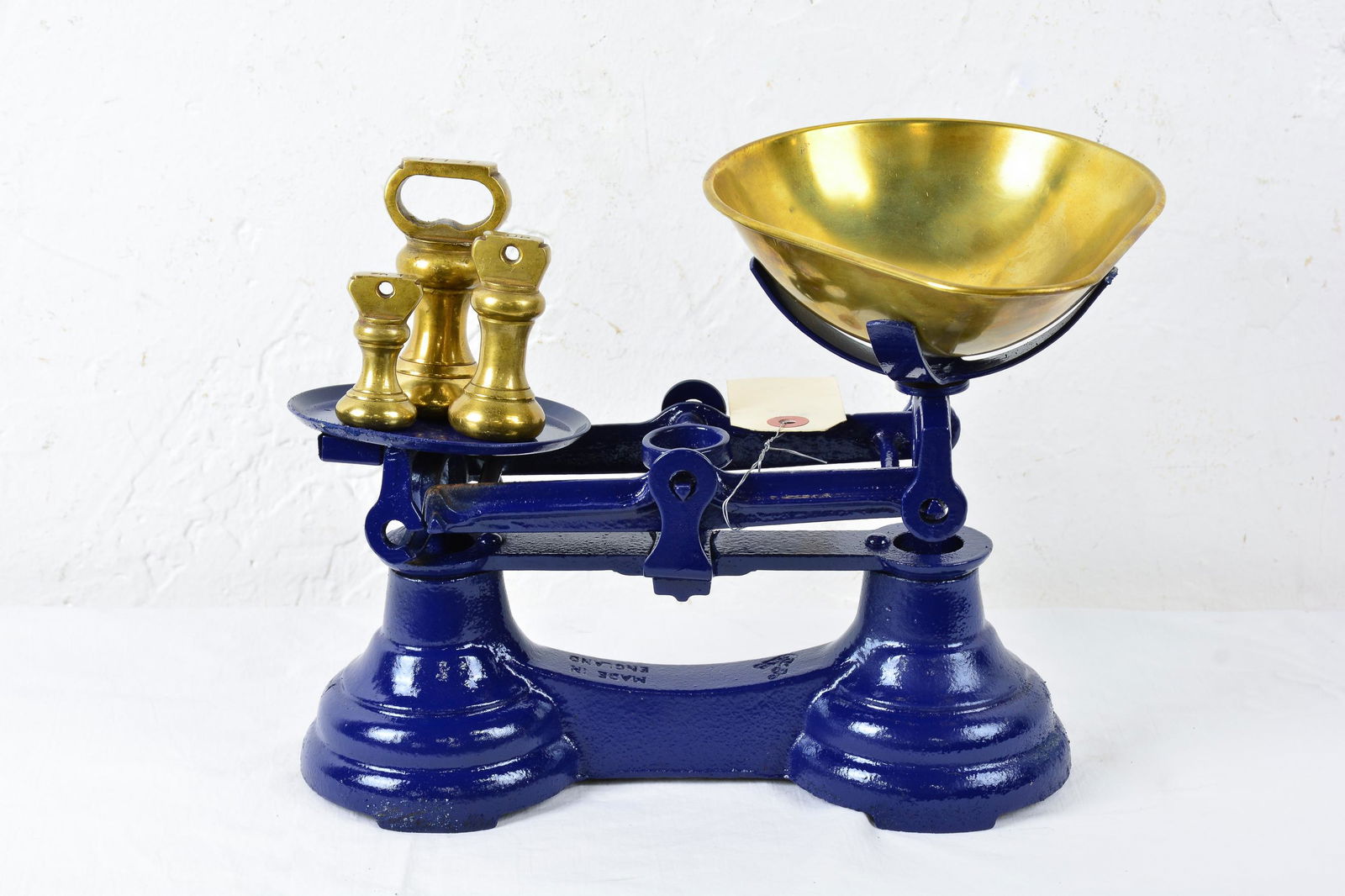 British Blue Balance Scale With Brass Bell Weights (1 of 3)
