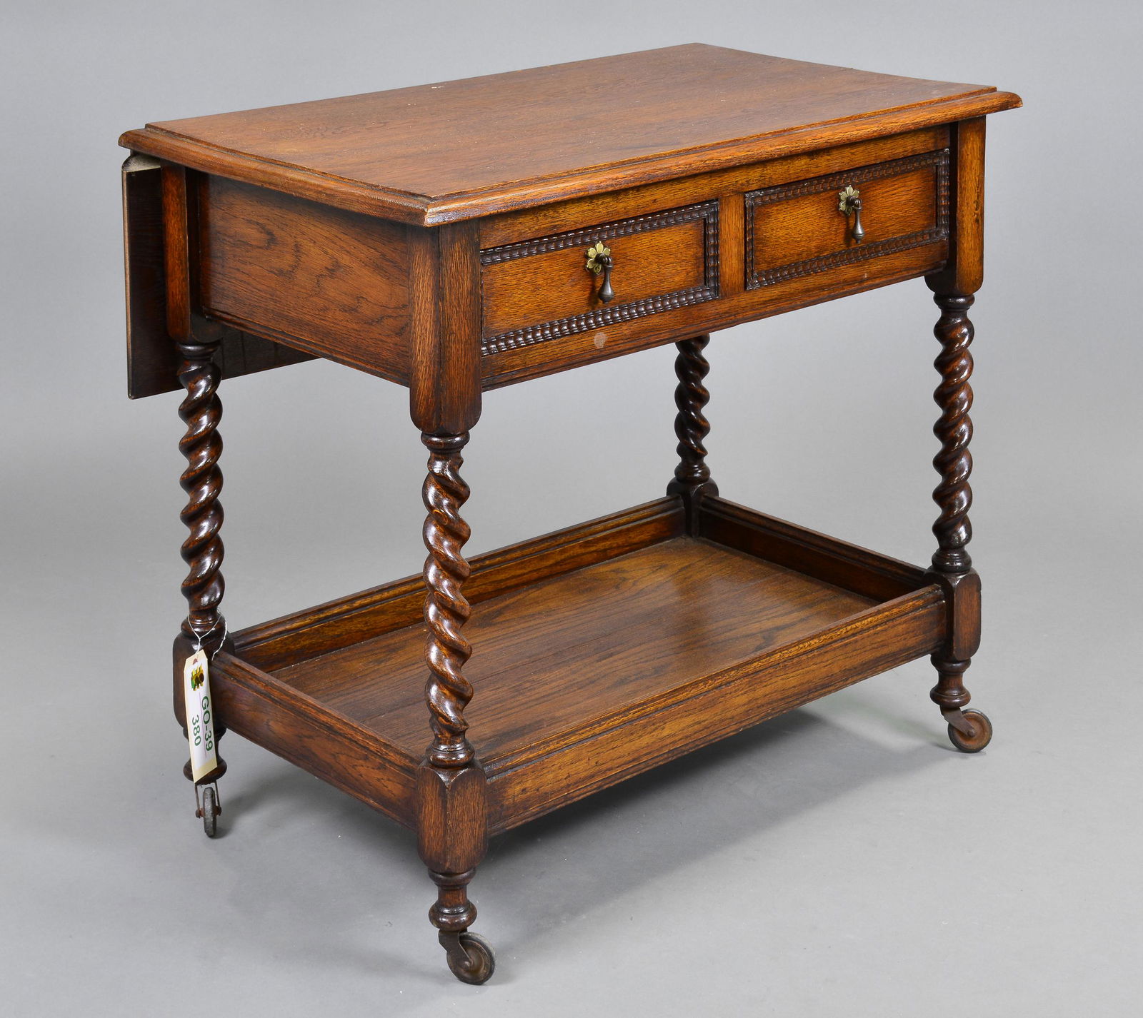 British Oak Barley Twist 2 Drawer Cart with Drop Side (1 of 5)