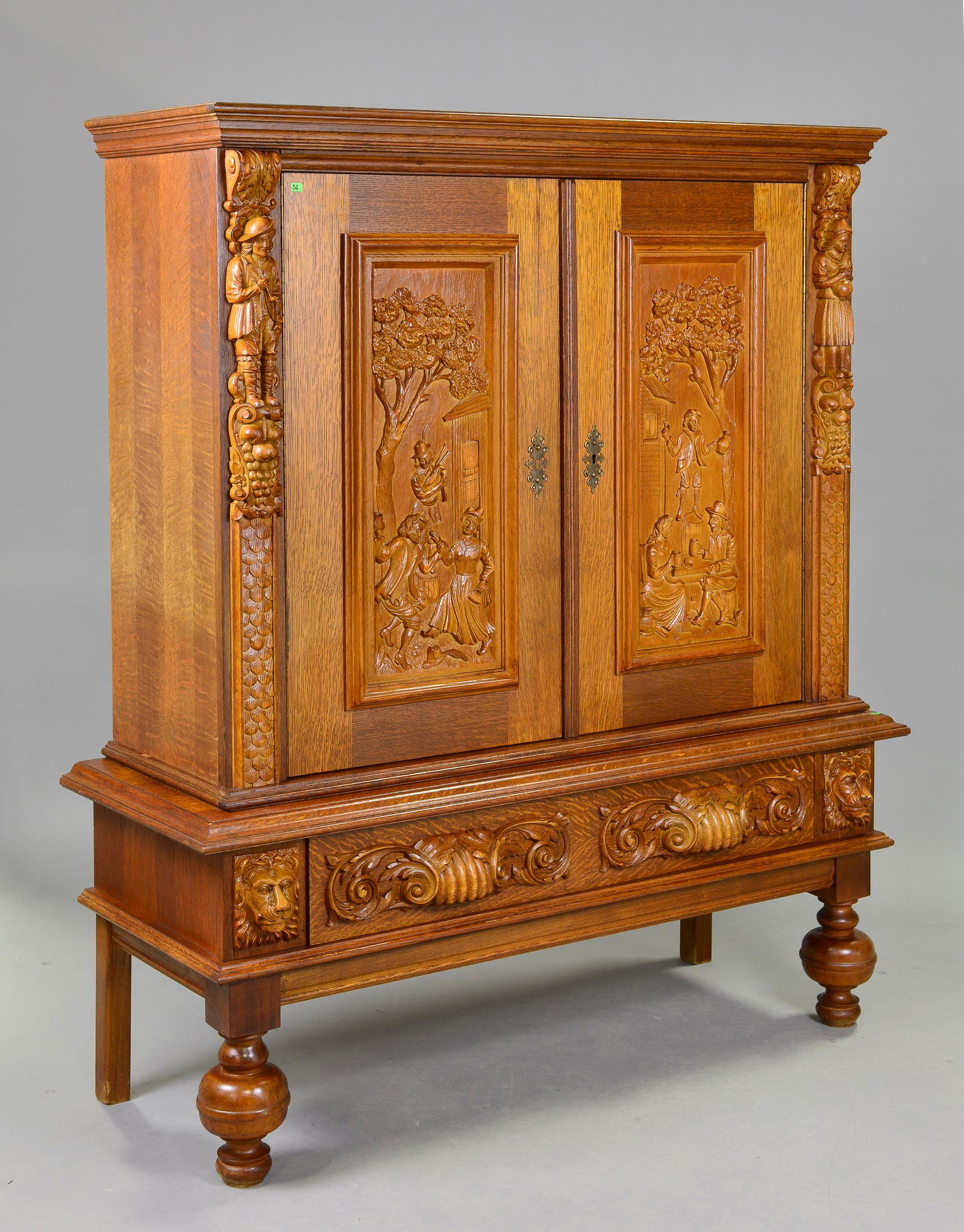 European Figural Carved Oak Double Door Cupboard (1 of 7)