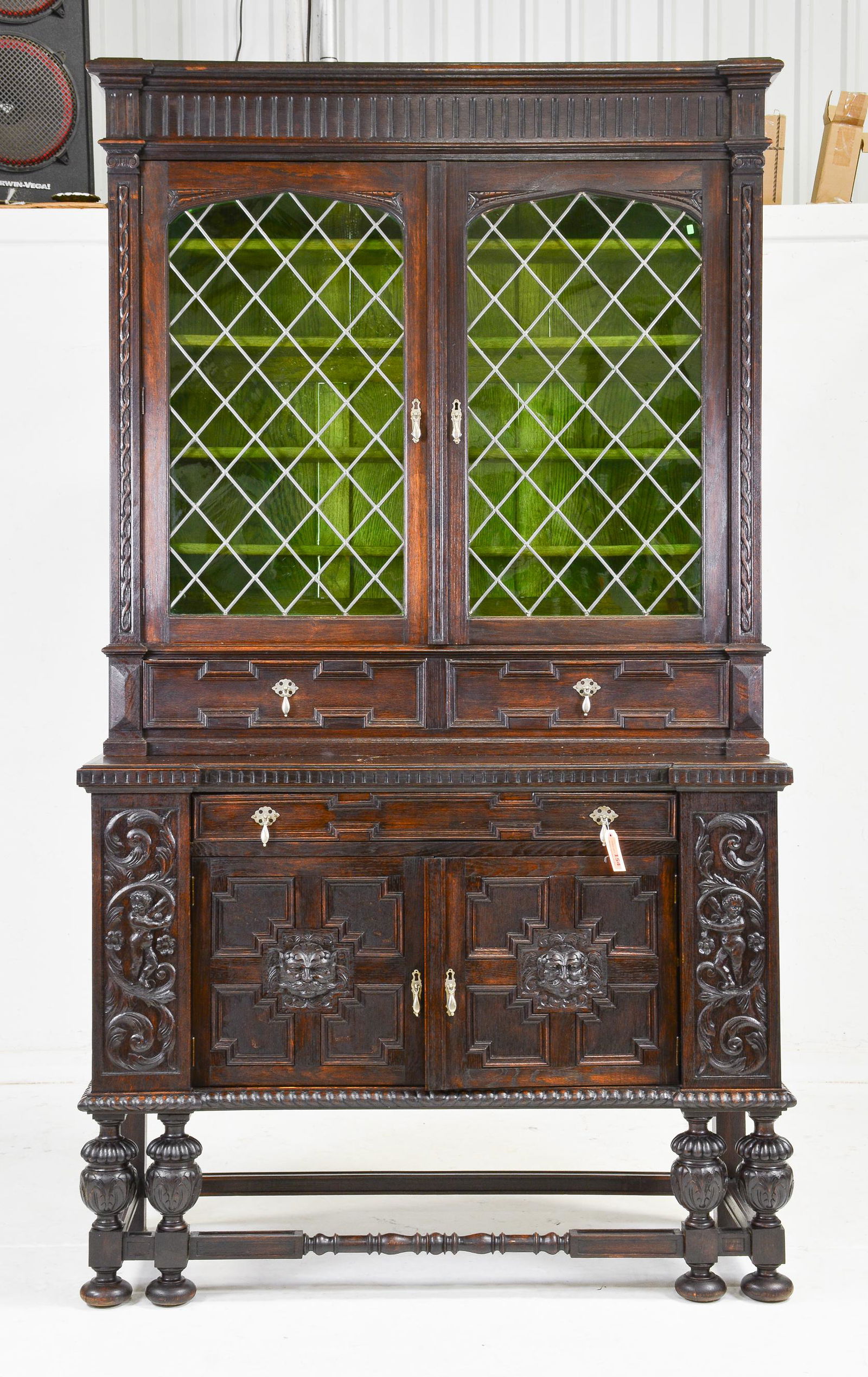 Jacobean Carved Oak Stained Glass Cupboard (1 of 12)