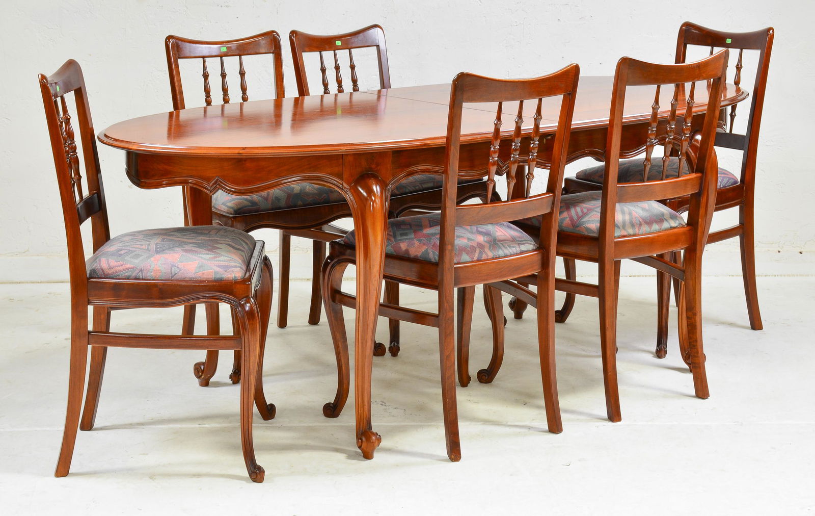 European Country French Style Oval Table & 6 Chairs: European Country French Style Oval Table with Pop out Leaf & 6 Chairs - Table is 30 in tall x 98 x 35, Chairs are 36 in tall x 18 x 17