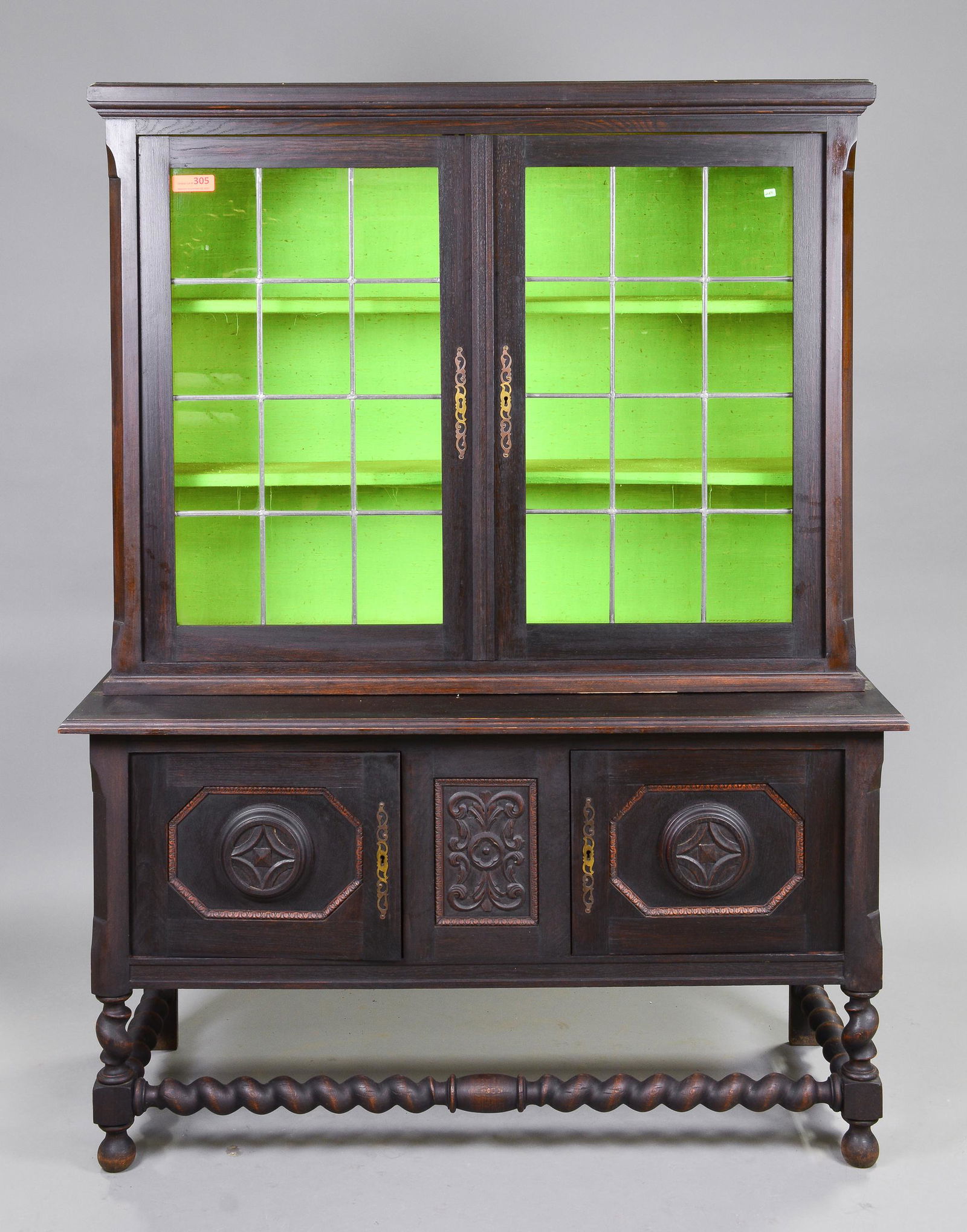 Ebonized Oak Barley Twist Cupboard With Green Glass (1 of 6)