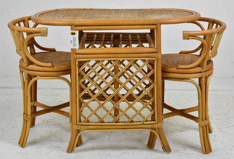 Bamboo / Rattan / Wicker Oval Dining Table & 2 Chairs: Bamboo / Rattan / Wicker Oval Dining Table & 2 Chairs ( whole lot when chairs are tucked under 30 in tall x 40 x 21 ) - Tiki / Tropical Island Style Similar to Paul Frankl / Ficks Reed Style Furniture