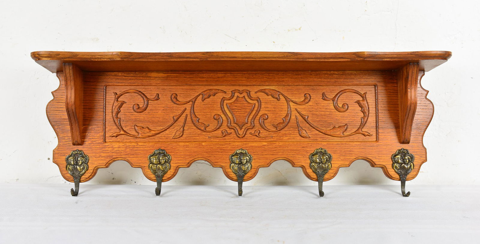 Carved Oak European Wall Shelf with Hooks #1 (1 of 2)