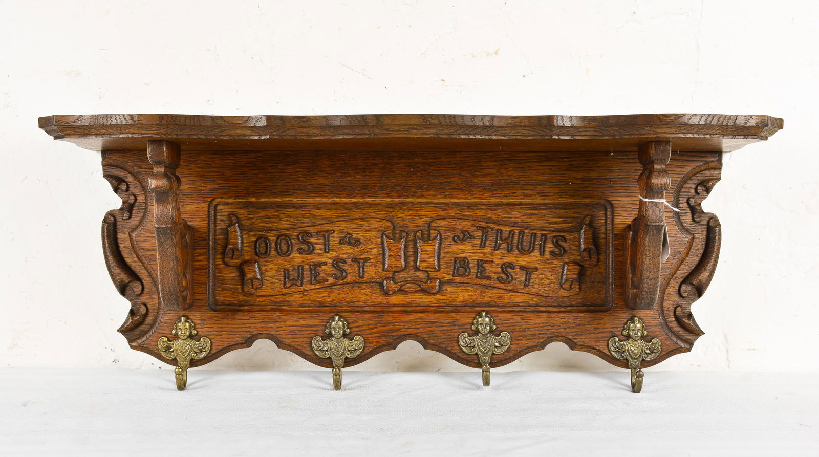 Carved Oak European Wall Shelf with Hooks #2 (1 of 3)