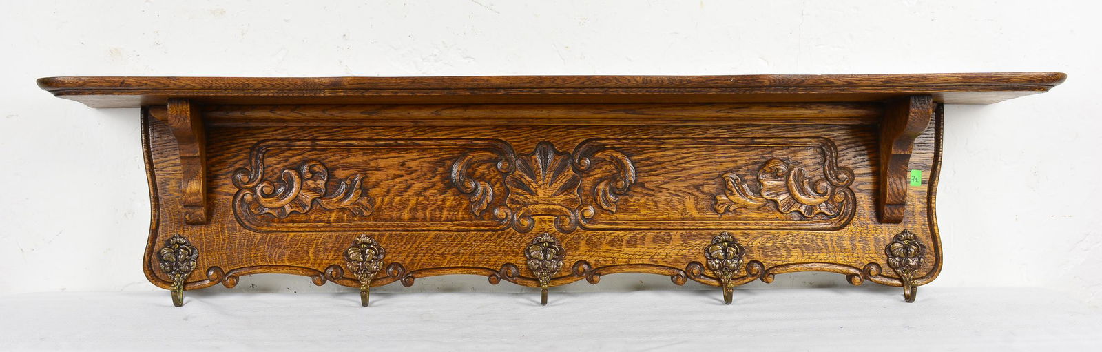 Carved Oak European Wall Shelf with Hooks #3 (1 of 3)