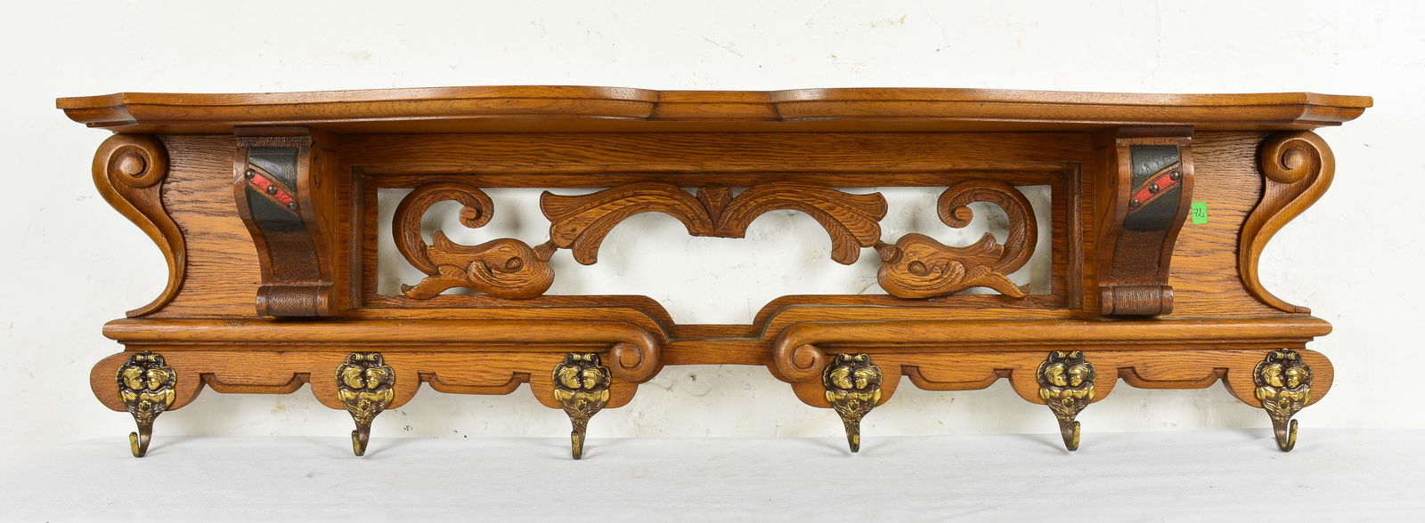 Open Carved European Wall Shelf with Hooks & Dolphins (1 of 3)