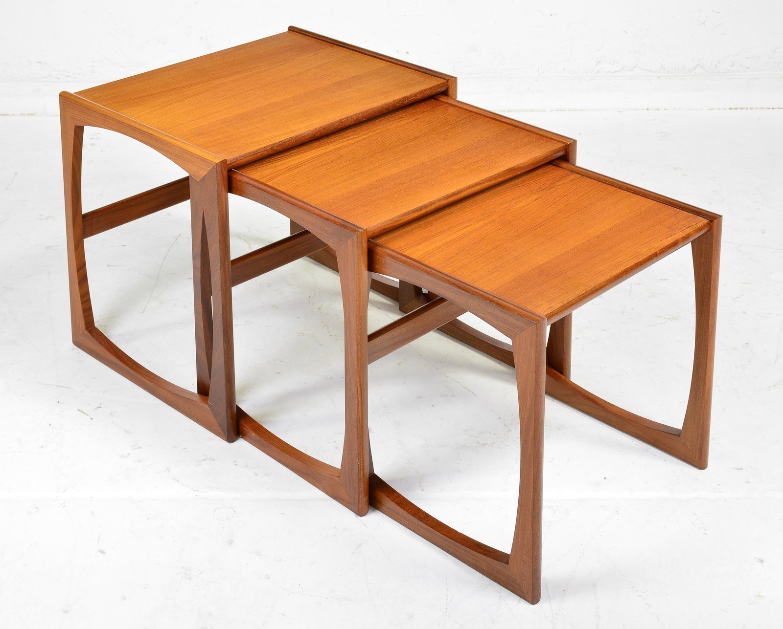 Mid Century Modern Quadrile Nest of 3 Tables: Danish Modern Teak Quadrile Nest of 3 Tables - 20 in tall x 22 x 18