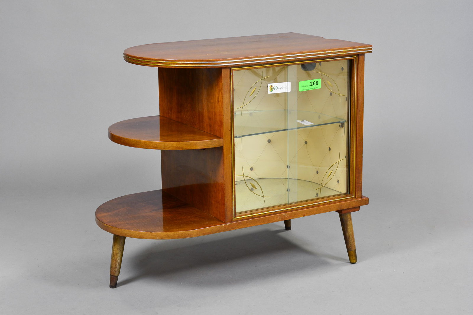 Small Curved Cocktail Table with Glass Doors: Mid Century / Danish Modern Style Cocktail Cabinet - 24 in tall x 24 x 15