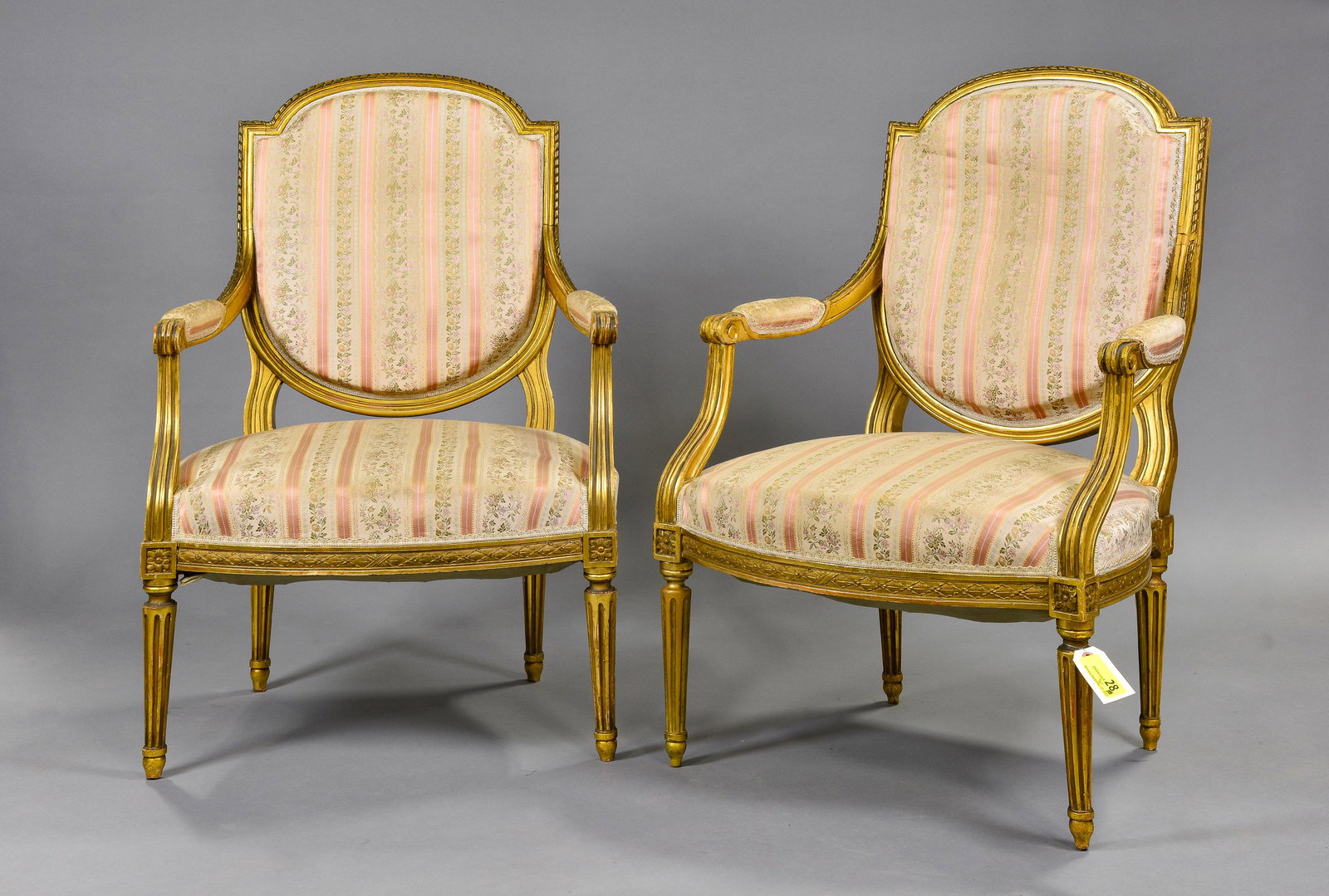 Louis XVI Style Pair Of Gold Gilt Arm Chairs: French Louis XVI Style Pair of Gold Gilt Arm Chairs -