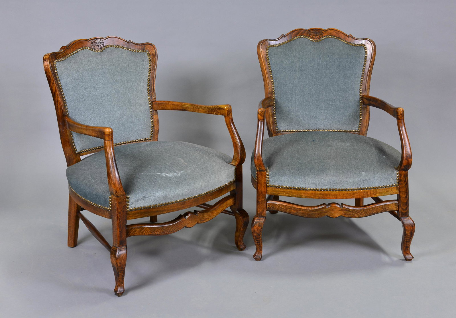 Pair Of Louis XV Style Upholstered Arm Chairs: Pair of French Louis XV Style Upholstered Arm Chairs - 32 in tall x 23 x 26