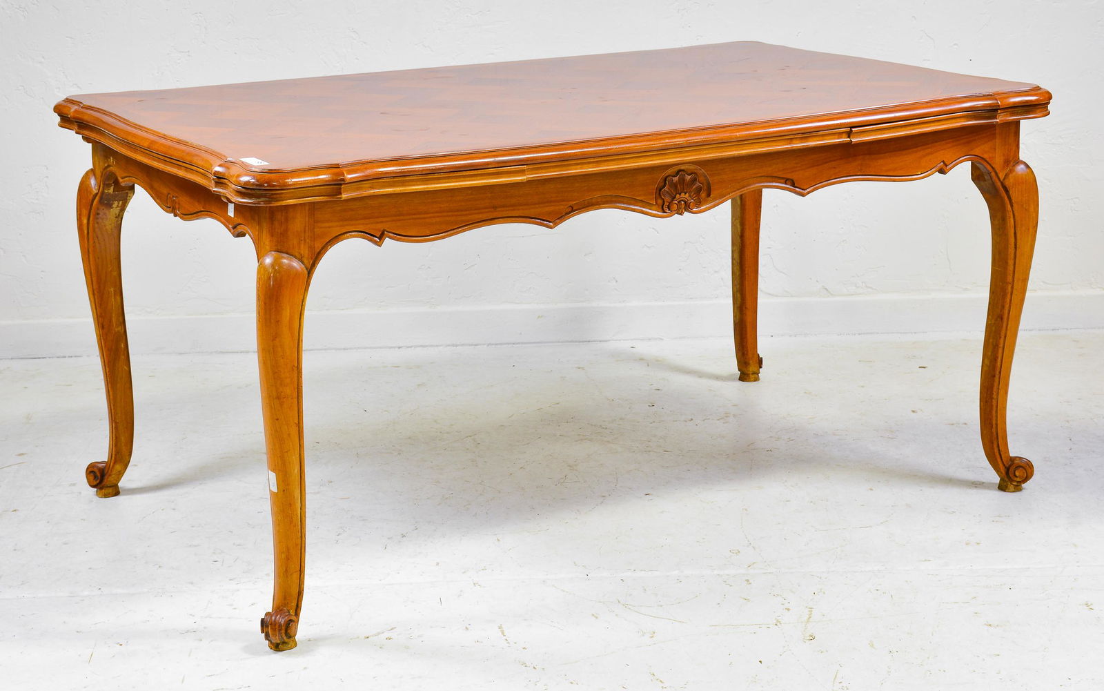 Louis XV Style Parquet Top Draw Leaf Table: French Louis XV Style Parquet Top Draw Leaf Table - 30 in tall x 62 x 39, Leaves are 19 inches each