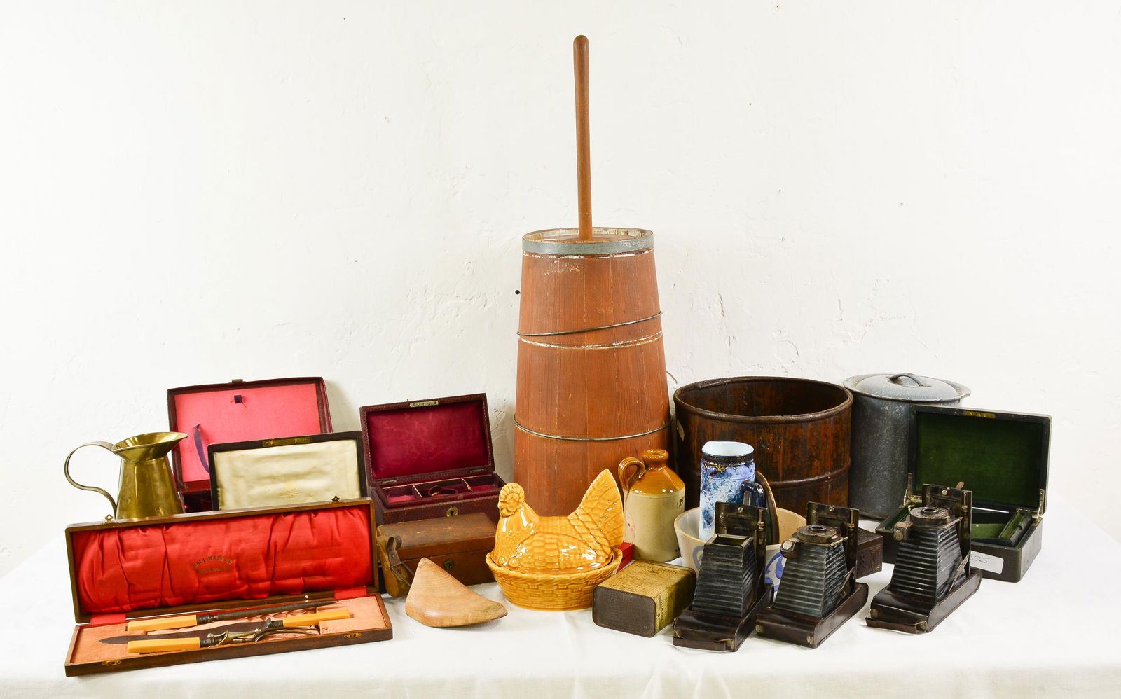 23 Assorted Items - Churn, Boxes, Bucket, Pottery, Etc. (1 of 5)