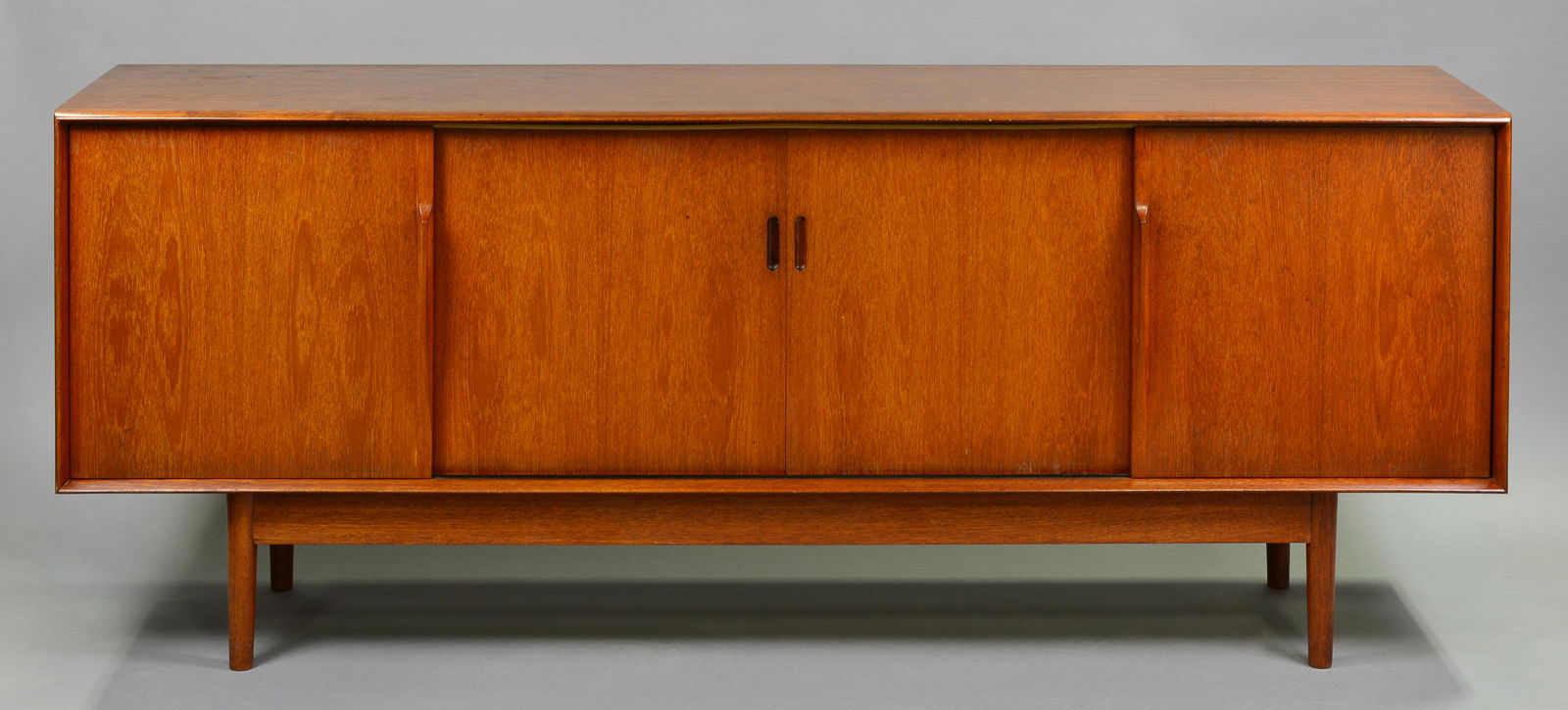 Danish Modern Style Sliding Door Sideboard: Mid Century Modern Credenza with Four Sliding Doors & Pull Out Interior Trays - Similar in style to Designs by Bernhard Pedersen & Son , Arne Vodder, Bramin, Gunni Omann, Dyrlund Etc. - 31 in tall x 7