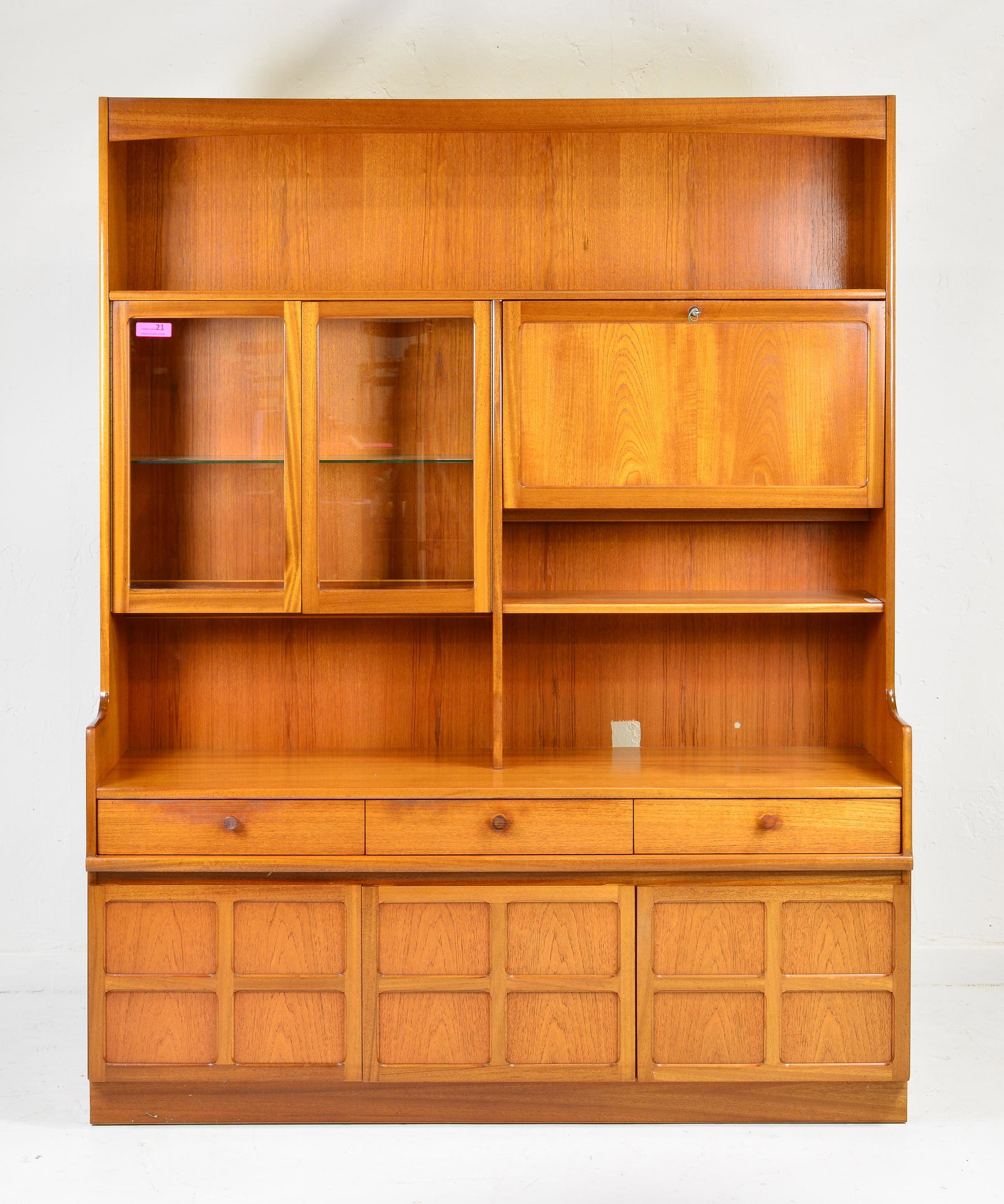 Mid Century Modern Cocktail Bookcase - Parker Knoll: Danish Modern Style Cocktail Cabinet / Wall Unit by British Maker Parker Knoll - 77 in tall x 61 x 20