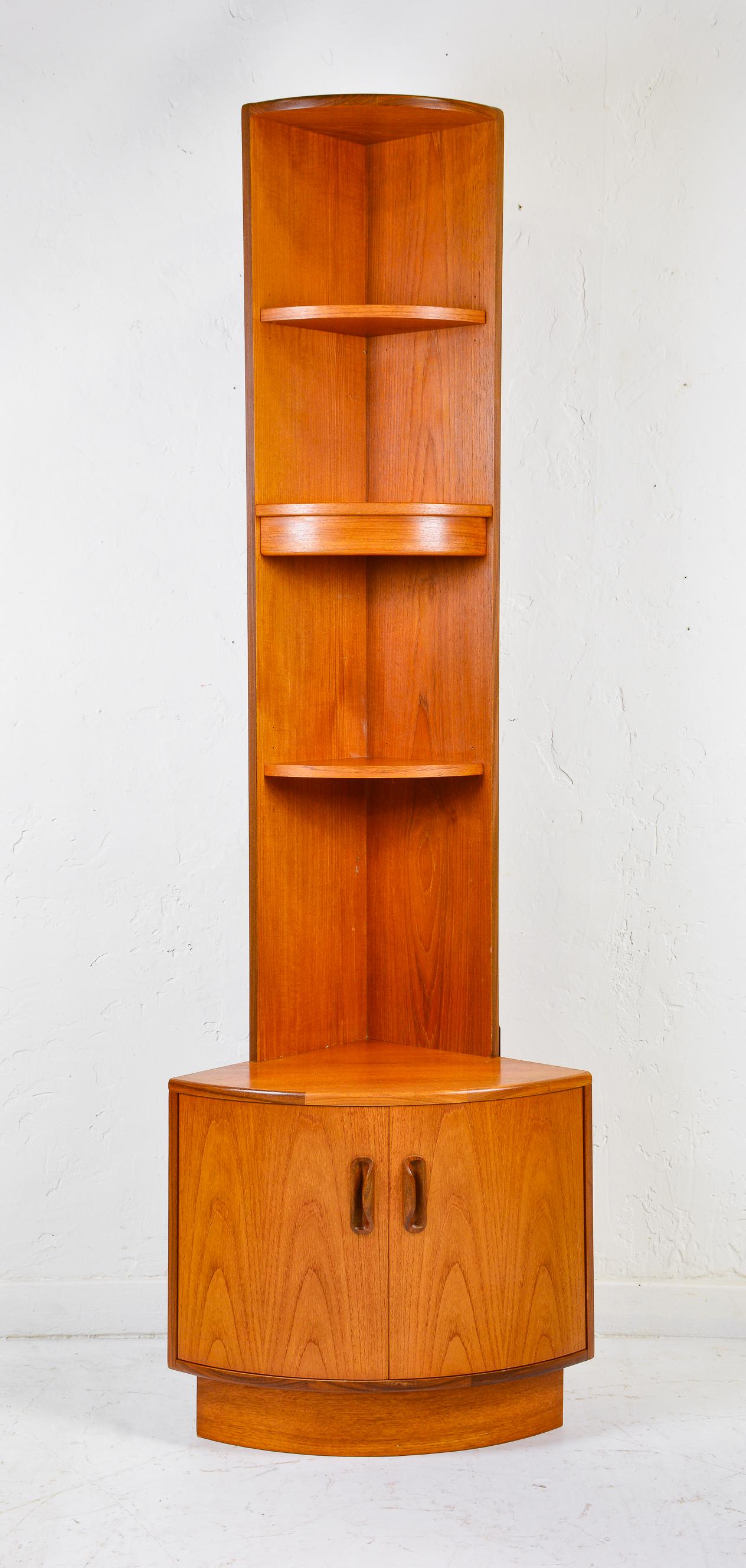 Mid Century Modern Gplan Corner Cabinet: Danish Modern Style Teak Corner Cabinets by Furniture Maker G-plan part of their "Fresco" Range. - 79 in tall x 26 x 19