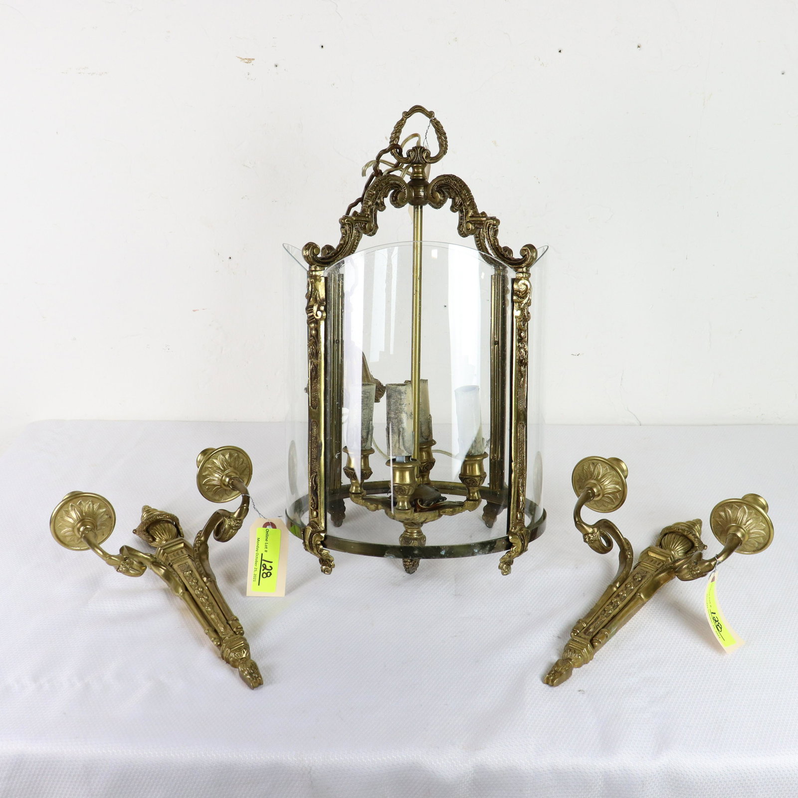 4 Light Bronze & Glass Chandelier & Pair Of Sconces (1 of 4)
