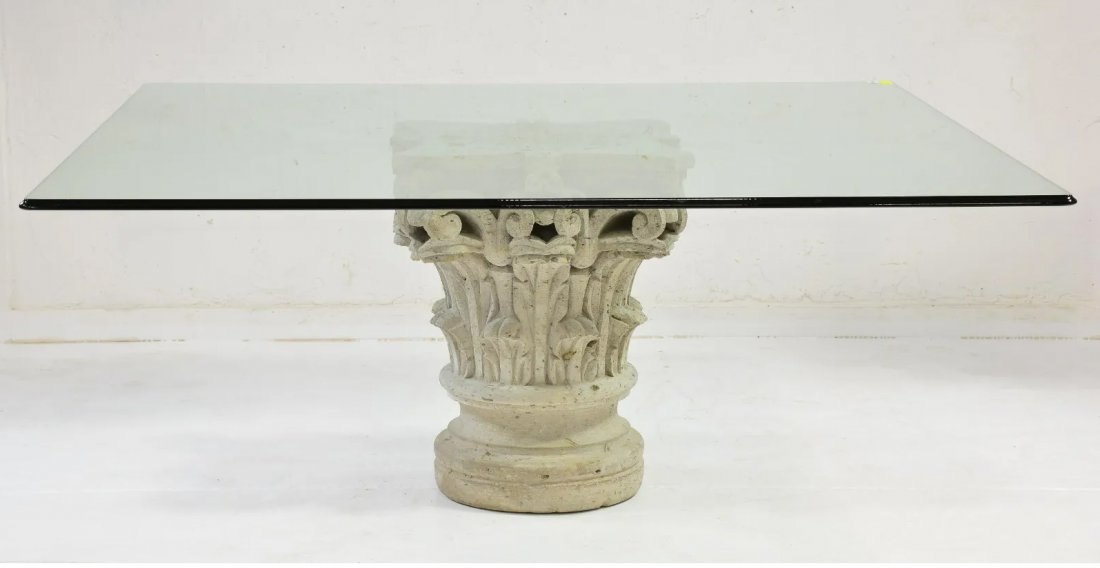Glass Top Table With Stone Column Top Pedestal Base (1 of 6)