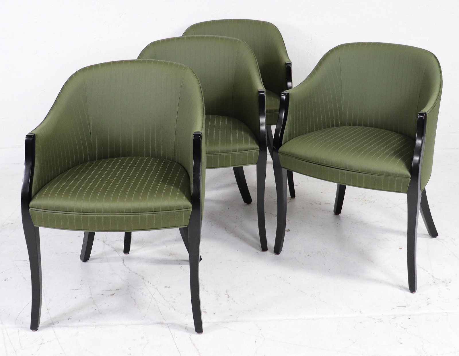 4 Geiger French Style Green Upholstered Arm Chairs: 4 Geiger French Style Green Upholstered Arm Chairs - 32 in tall x 24 x 19