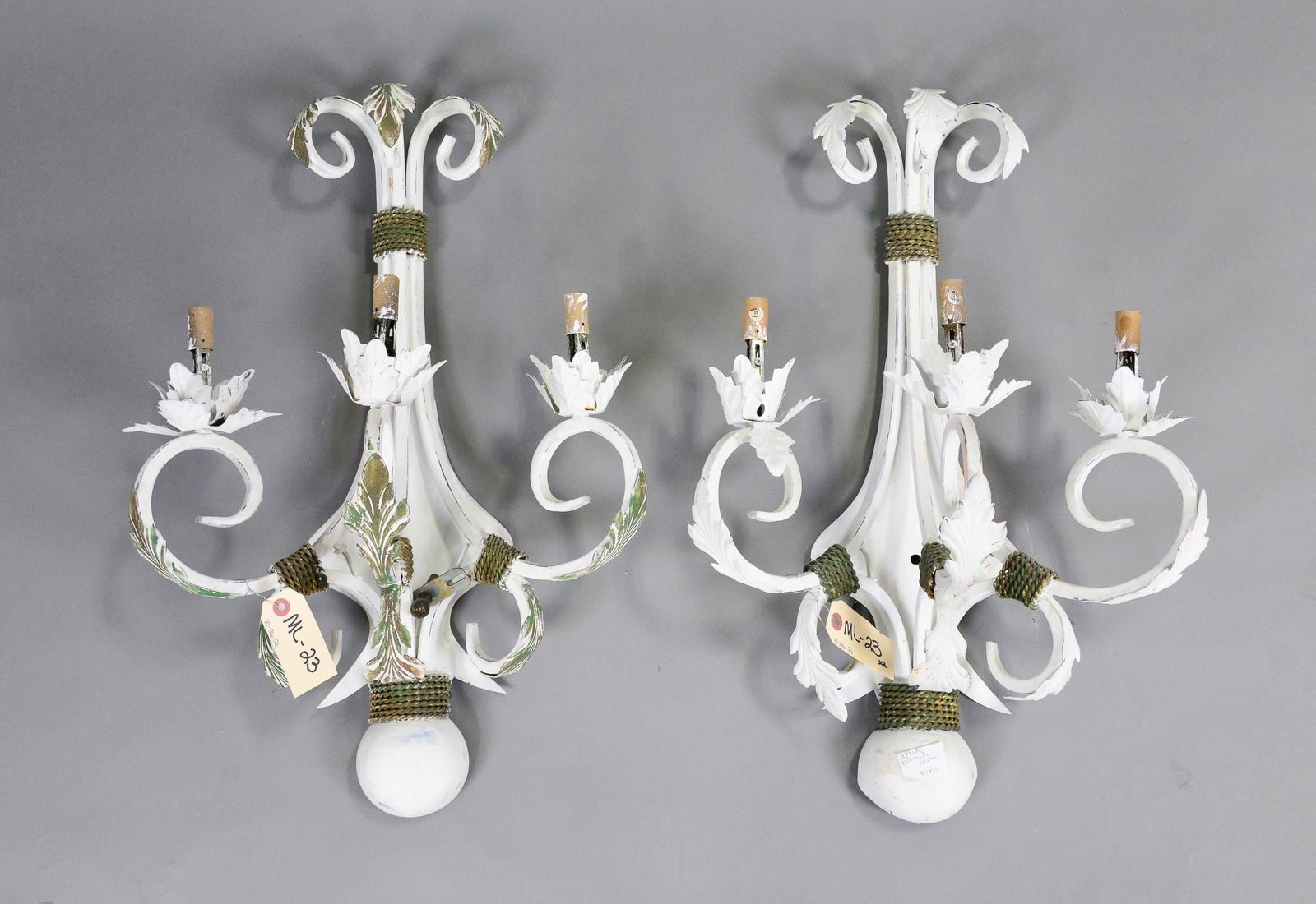 Pair of French Style White Painted 3 Arm Sconces (1 of 2)