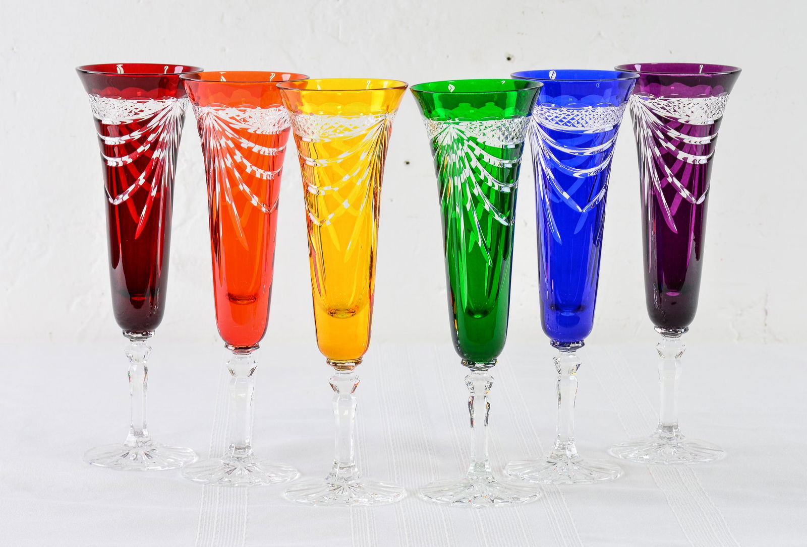 Set of 6 Multi Color Cut Clear Crystal Flutes / Stems (1 of 4)