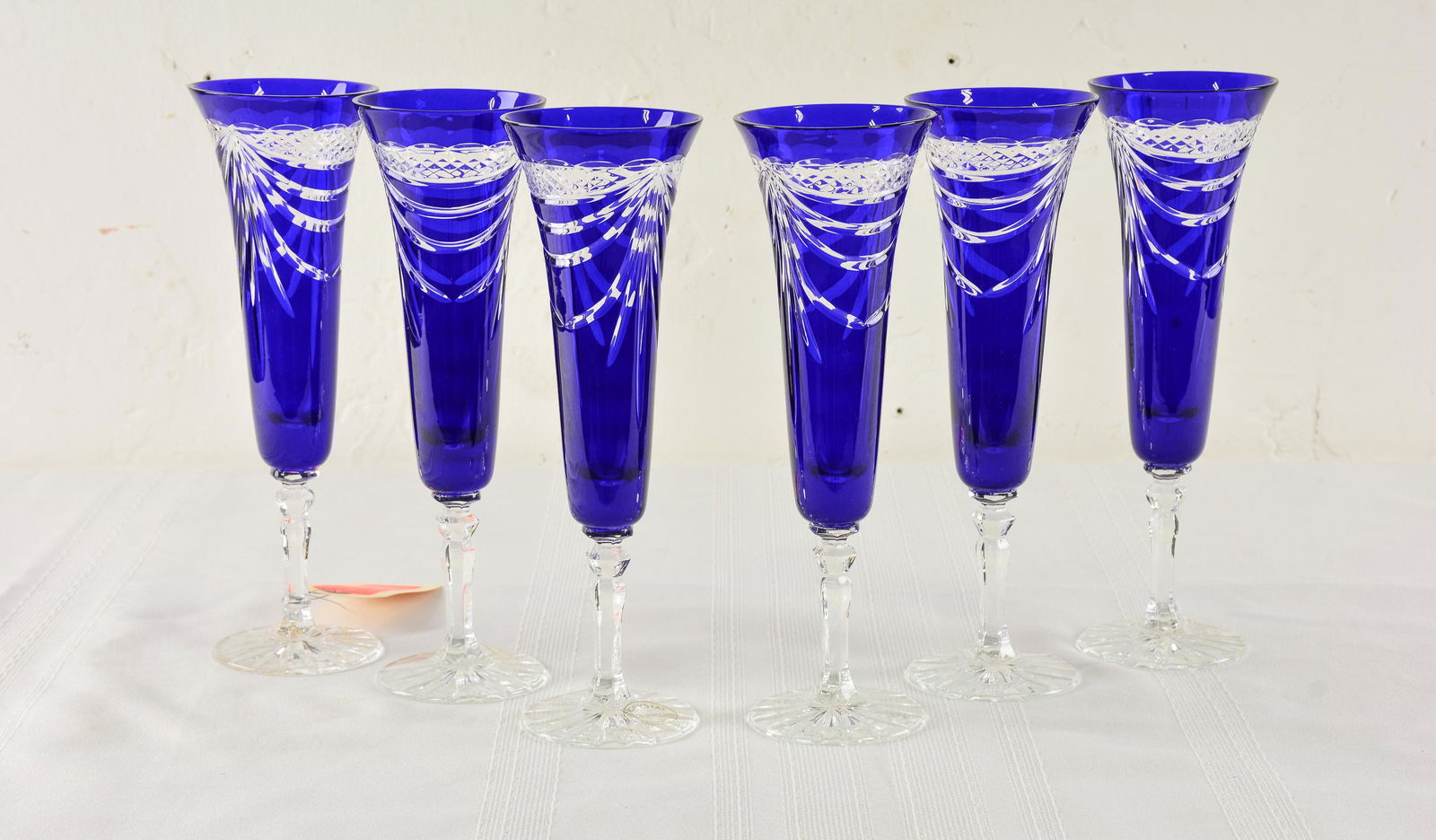 6 Blue Cobalt Cut Clear Champagne Flutes / Stems (1 of 4)