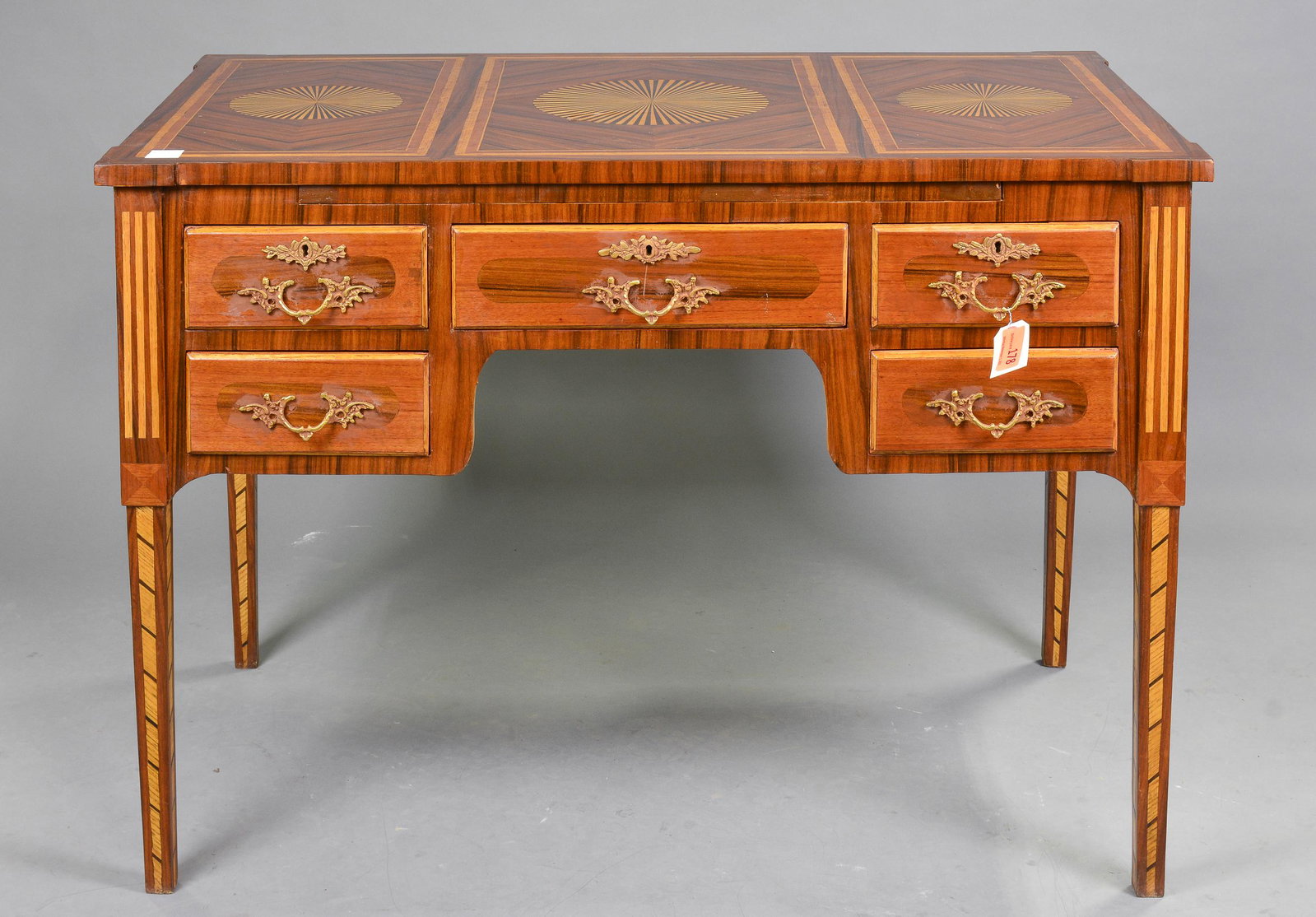 French Style Inlaid 5 Drawer Desk: New Item, French Style Inlaid 5 Drawer Desk - 33 in tall x 46 x 27