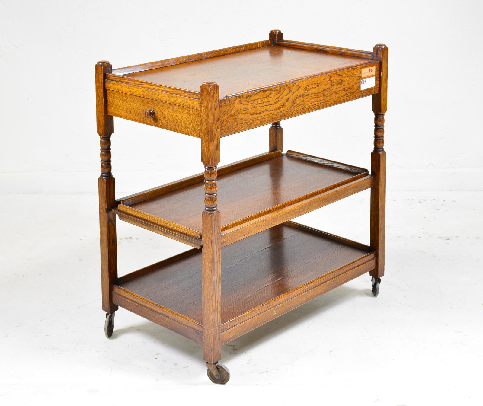 British Oak 3 Tier Bar Cart / Trolley with Drawer: British Oak 3 Tier Bar Cart / Trolley with Drawer - 32 in tall x 30 x 18