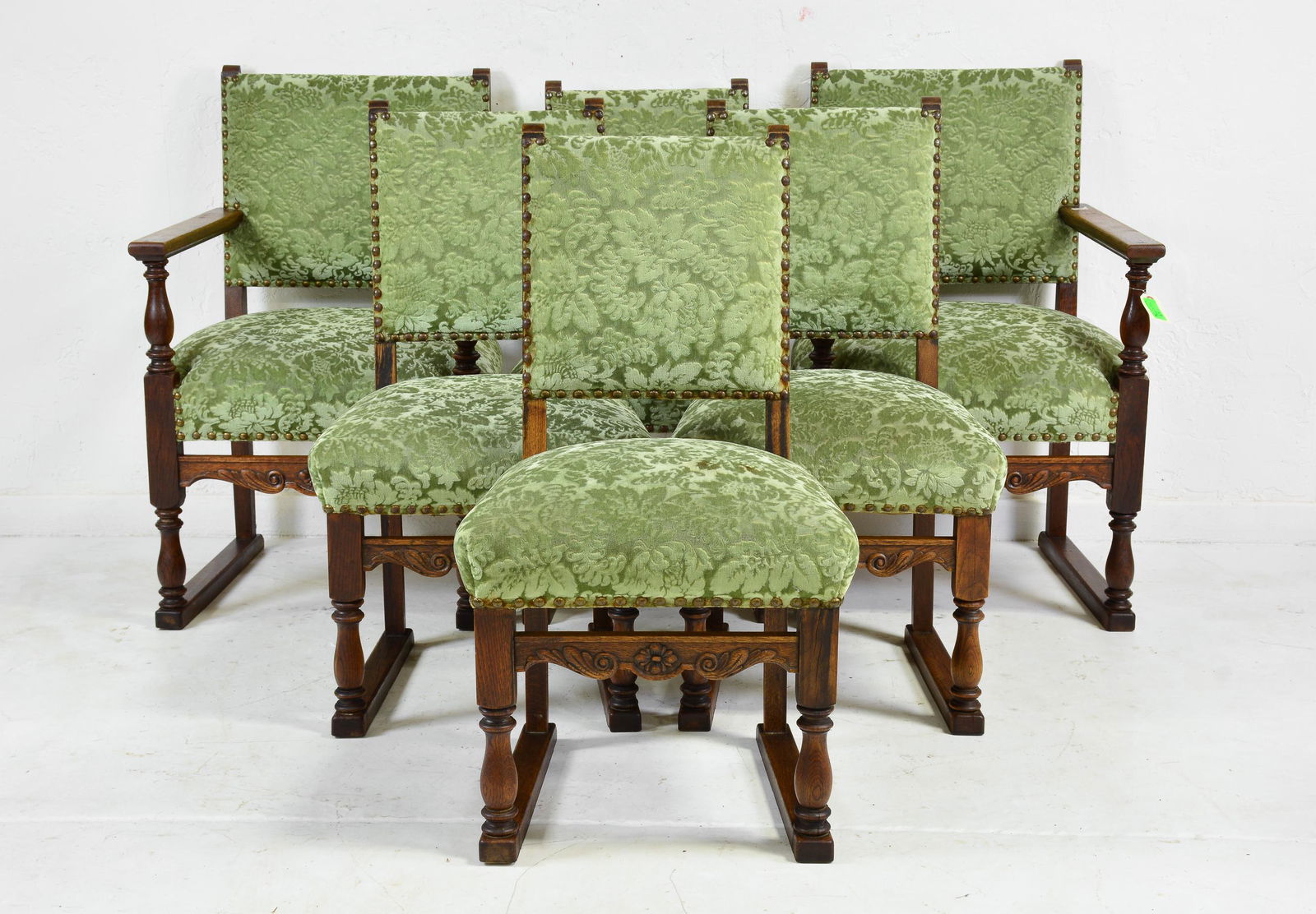 6 Carved Oak Green Upholstered Chairs (1 of 5)