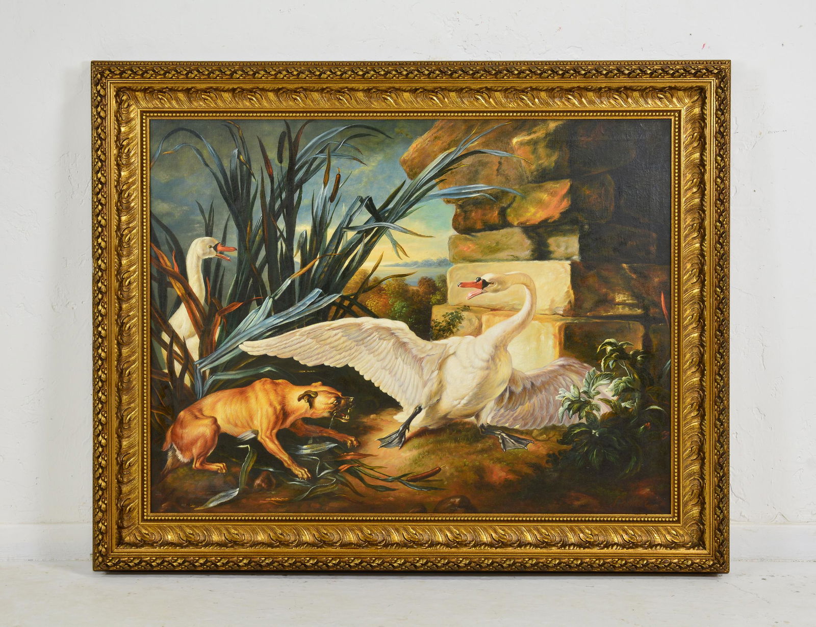 Large Gold Gilt Framed Oil On Canvas - Swan & Dog (1 of 3)