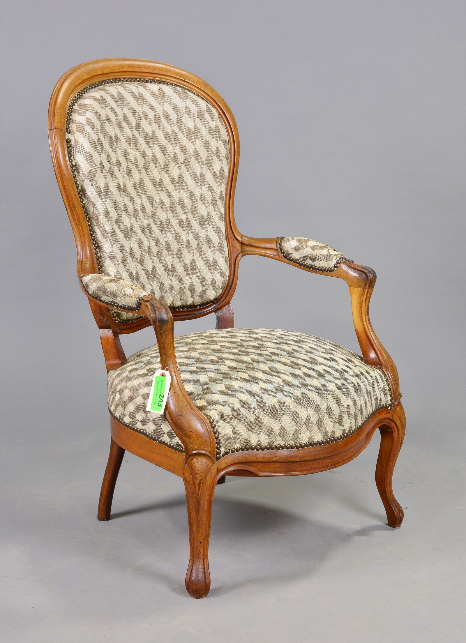 European Chestnut Upholstered Arm Chair: European Chestnut Upholstered Arm Chair - 39 in tall x 25 x 23