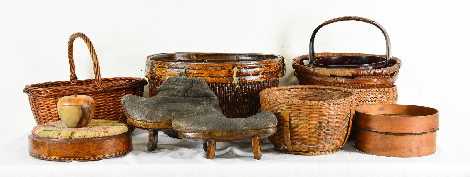 11 Assorted Vintage Baskets, Sifter, Shoes, Etc (1 of 5)