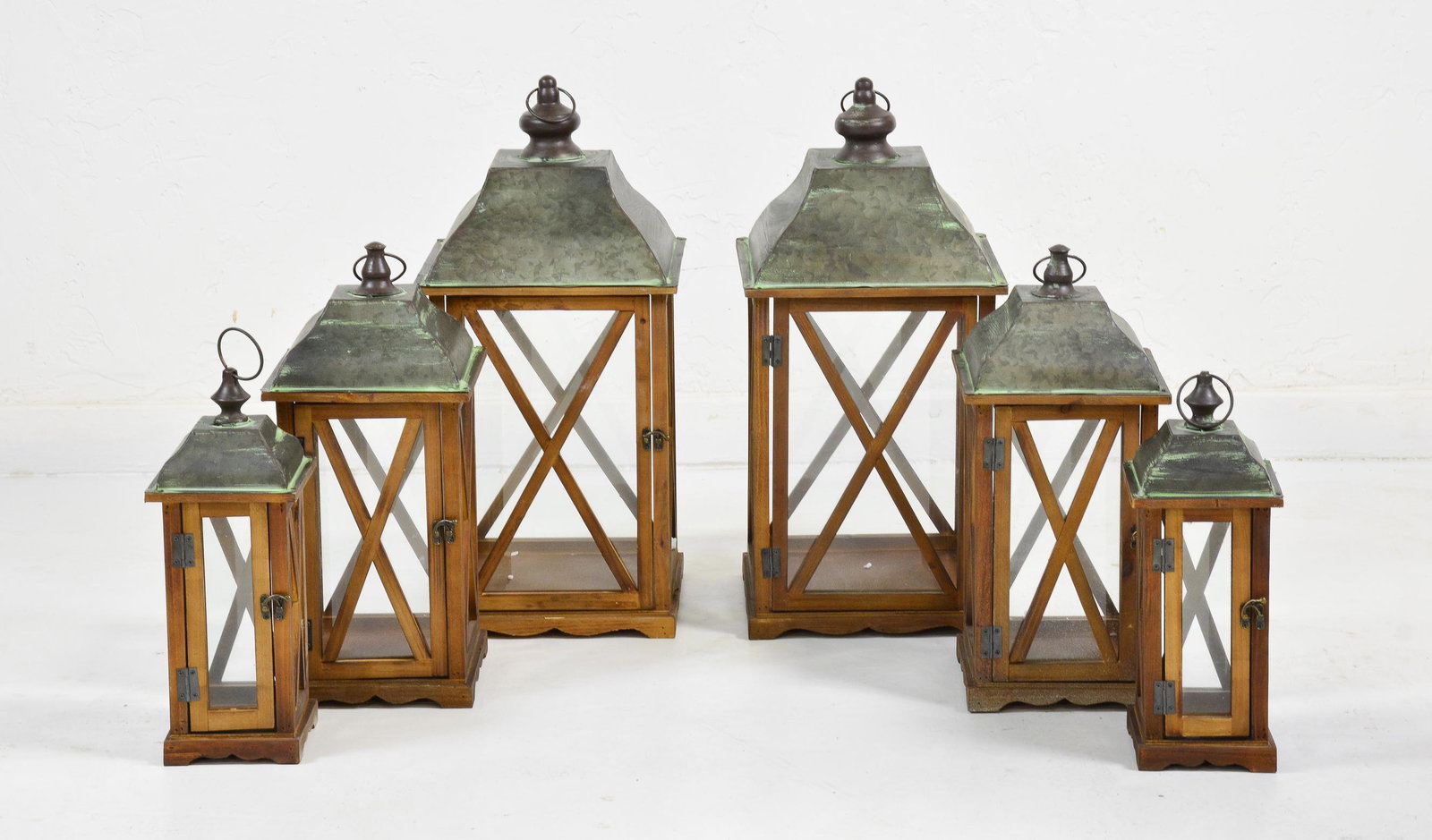 Two Trios of Wood & Metal Lanterns (1 of 2)