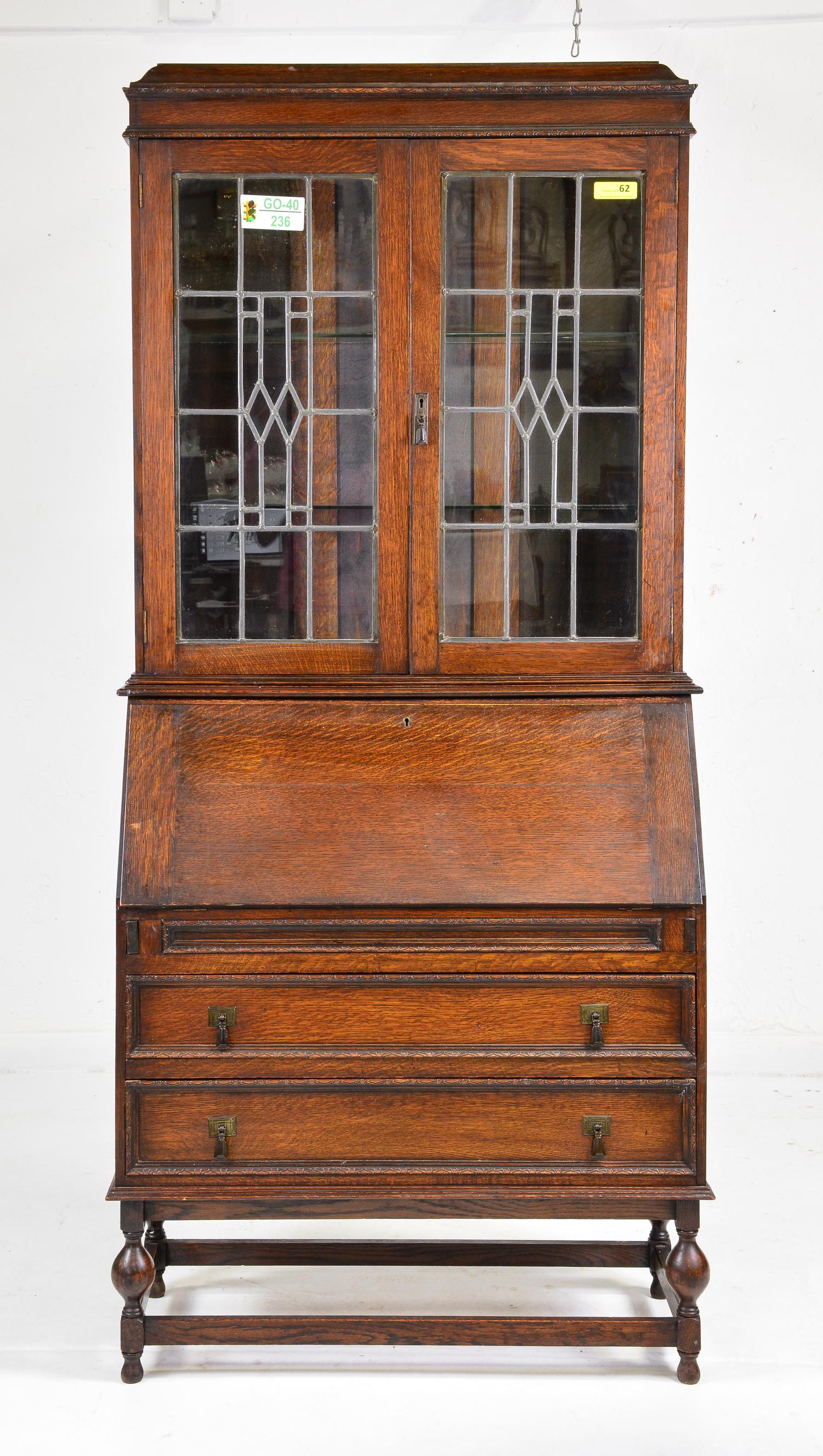 British Oak Leaded Glass Secretary Bookcase (1 of 8)
