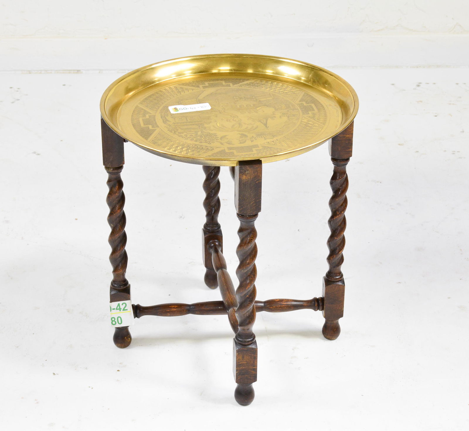 British Oak Round Brass Top Barley Twist Table (1 of 2)