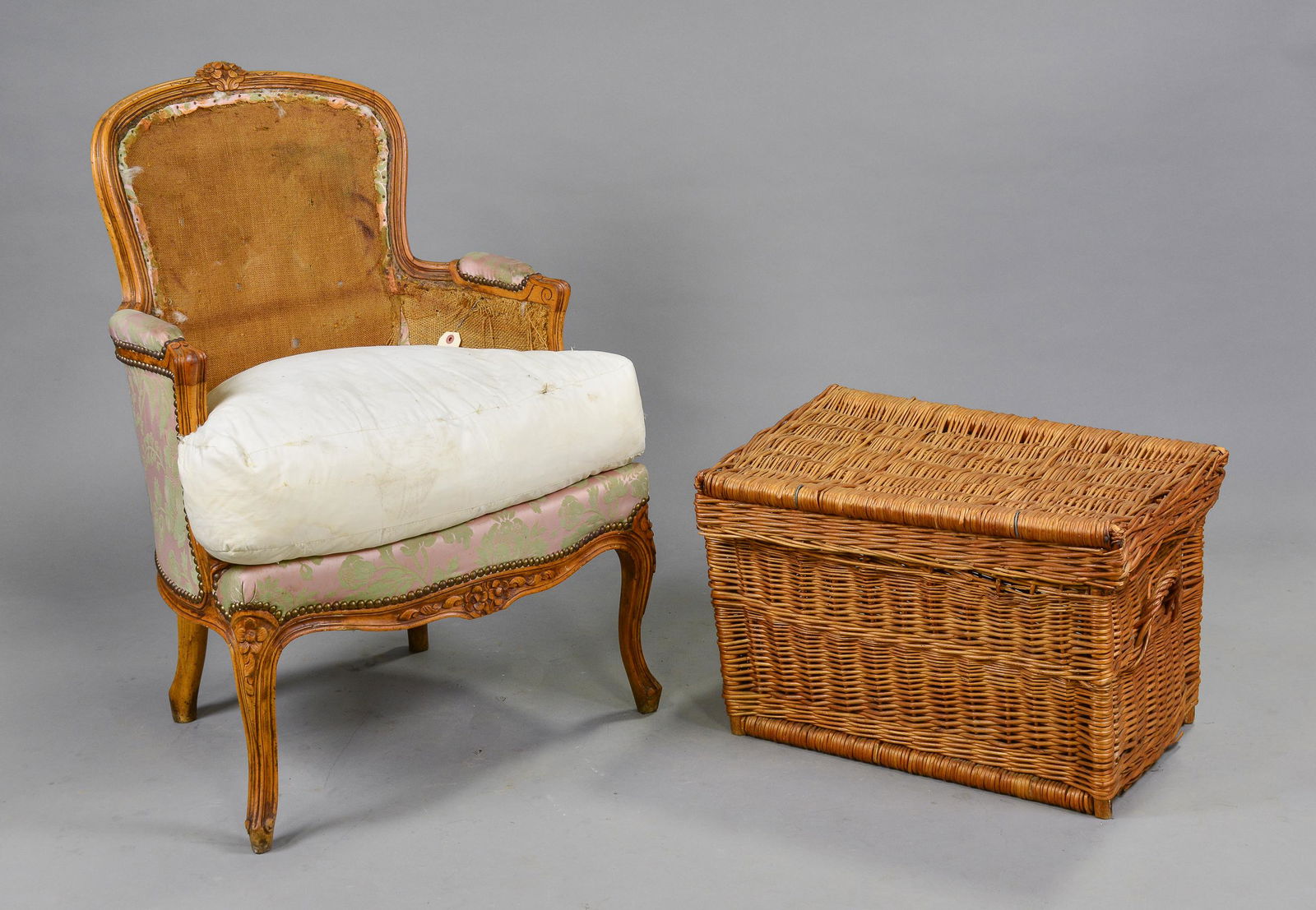 AS IS - Louis XV Style Arm Chair & Wicker Basket (1 of 4)