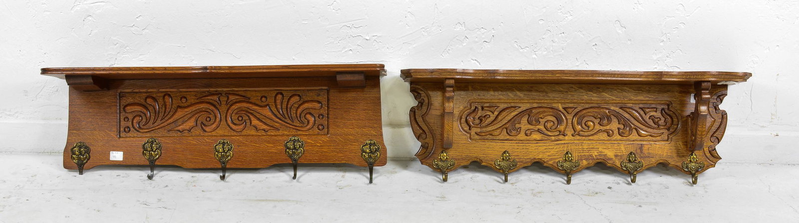 2 Carved Oak Wall Shelf with Hooks (1 of 3)