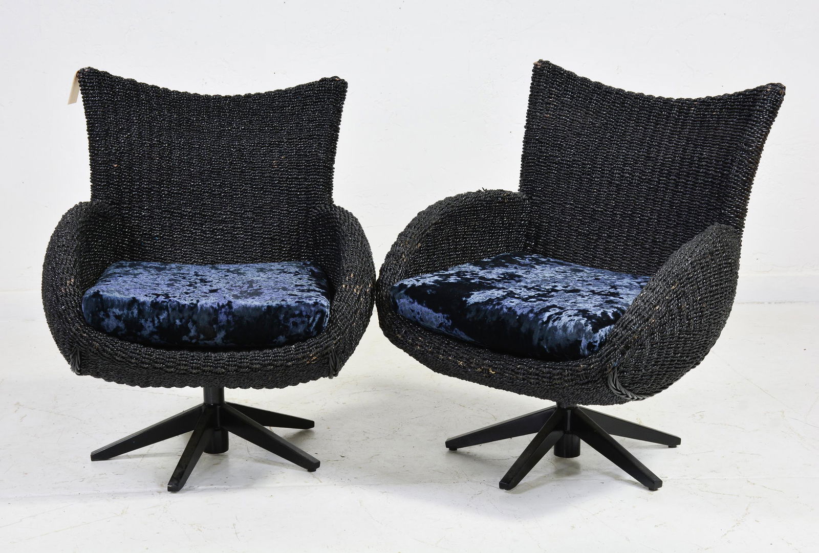 2 Black Wicker Lounge Chairs With Blue Velvet (1 of 4)