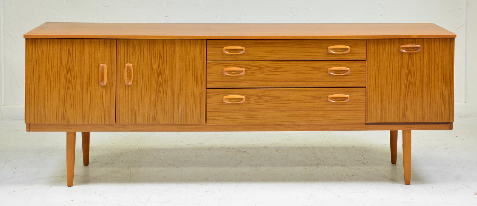 Mid Century Modern Sideboard on Tapered Legs: Danish Modern Style Credenza from England by Schreiber - 29 in tall x 78 x 17