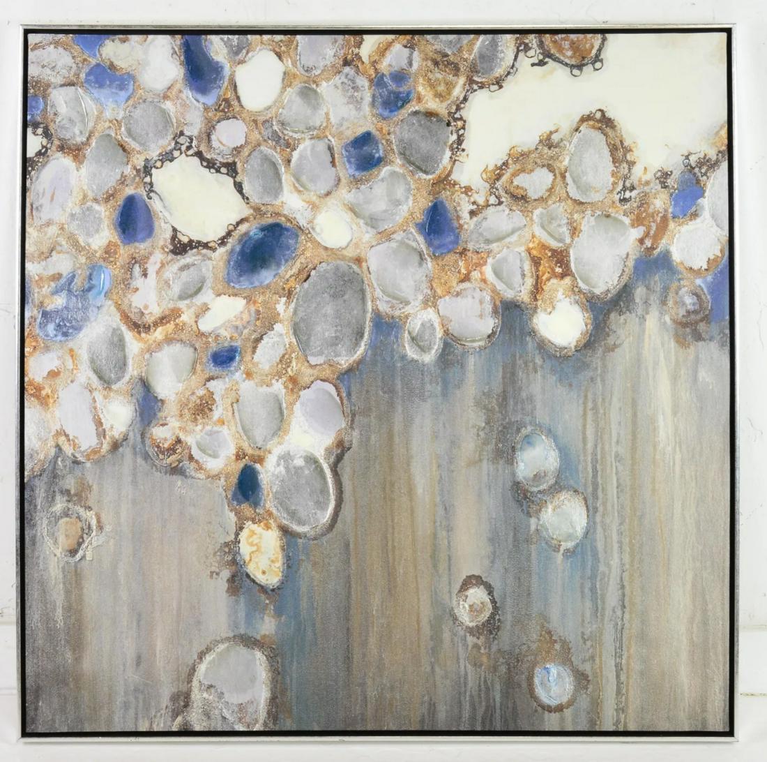Framed Impressionist Oil On Canvas By Liz Jardine: Framed Impressionist Oil on Canvas - "Indigo Oyster Shells" by Liz Jardine - 36 in tall x 36 x 2